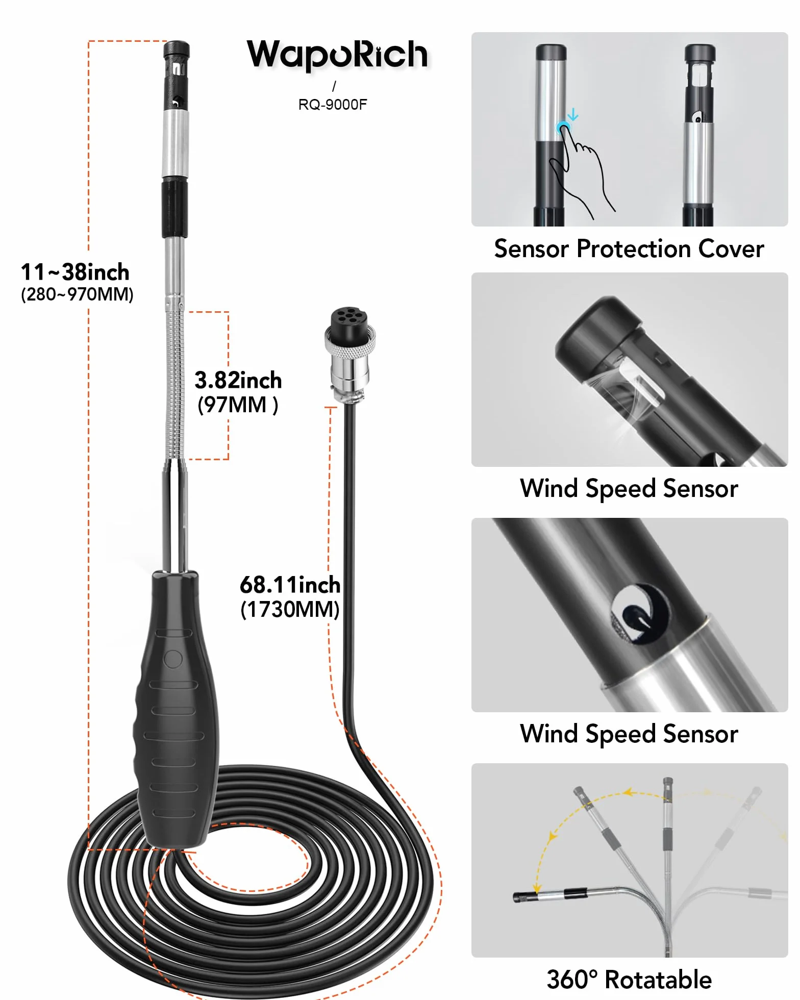 Anemómetro de Hilo Caliente Digital RQ-9000F Medidor Velocidad de Viento CFM CMM CMS Temp HVAC Kitesurf