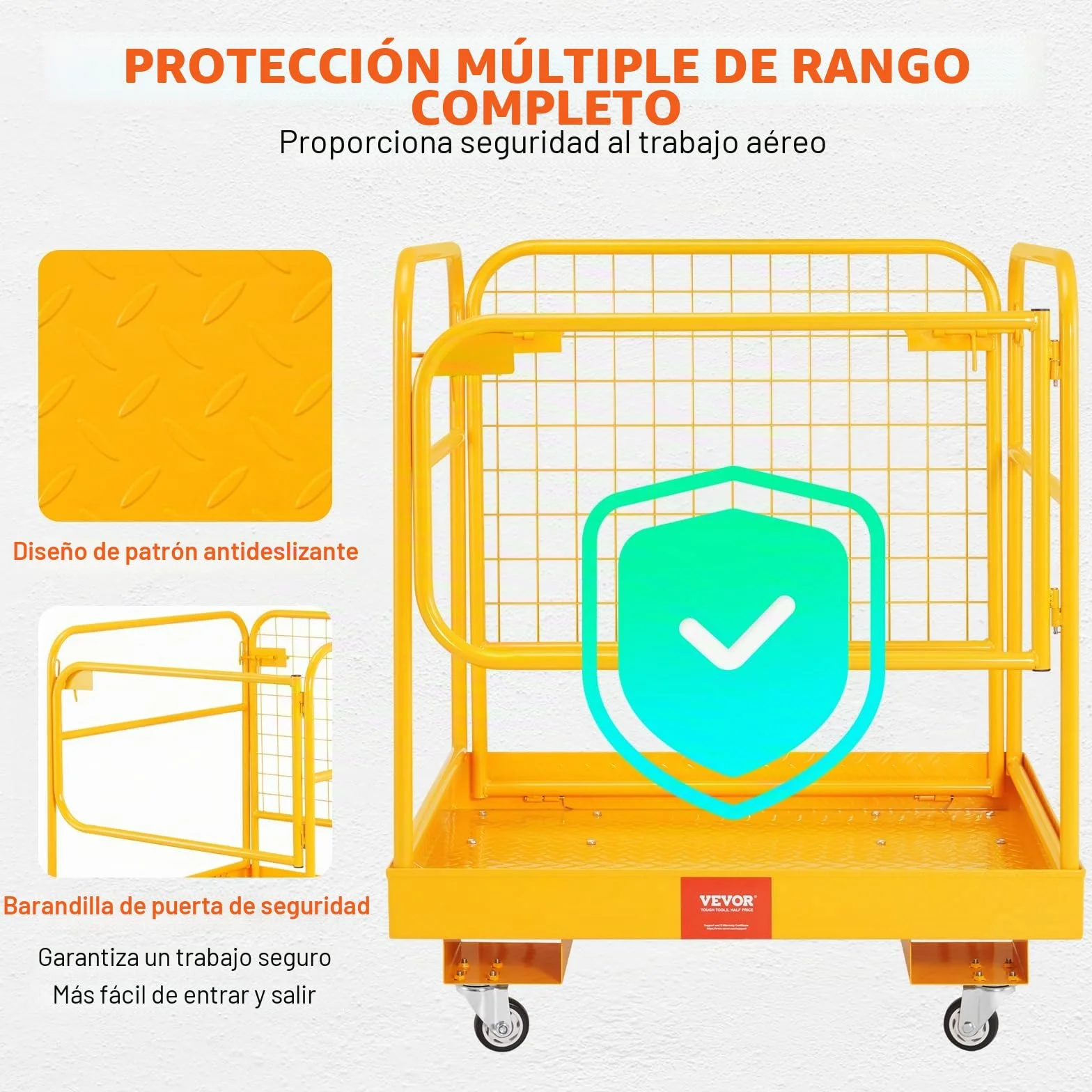 VEVOR Jaula de Seguridad Carretilla Elevadora Carga 544kg Plataforma de Trabajo Plegable 92x92cm 1-2 personas Ruedas Giratorias Bloqueables Cadena de Drenaje con Orificio Seguridad para Trabajo Aéreo