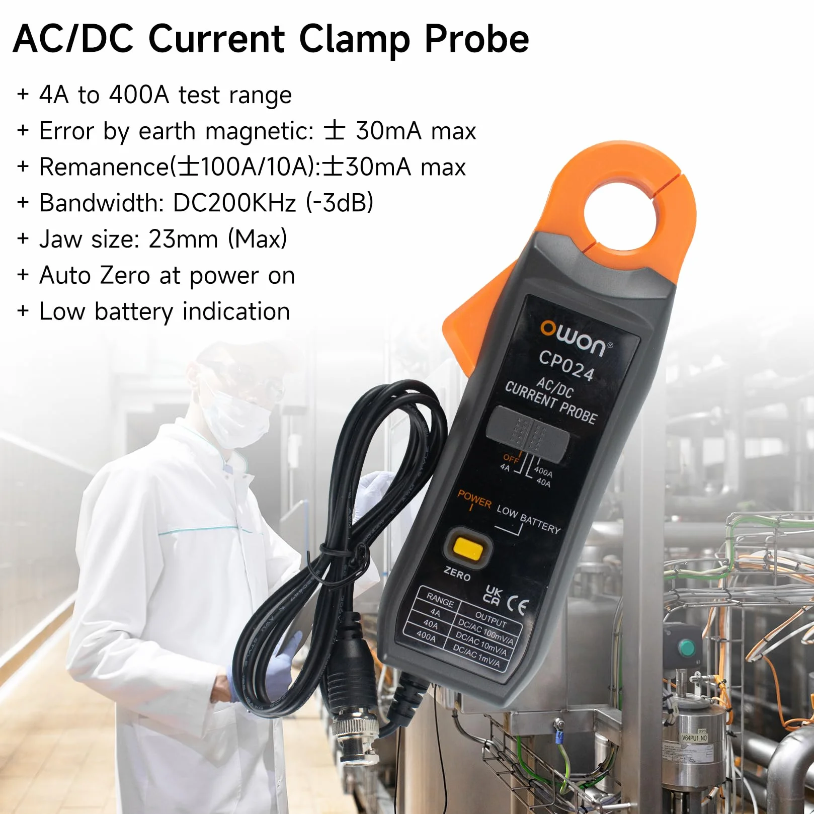 OWON CP024 DC AC Sonda de Corriente para Osciloscopio, Sonda de Abrazadera de Corriente 200 KHz Ancho de Banda 4-400A Rango de Prueba, Probador de Corriente Medidor de Abrazadera con Conector BNC