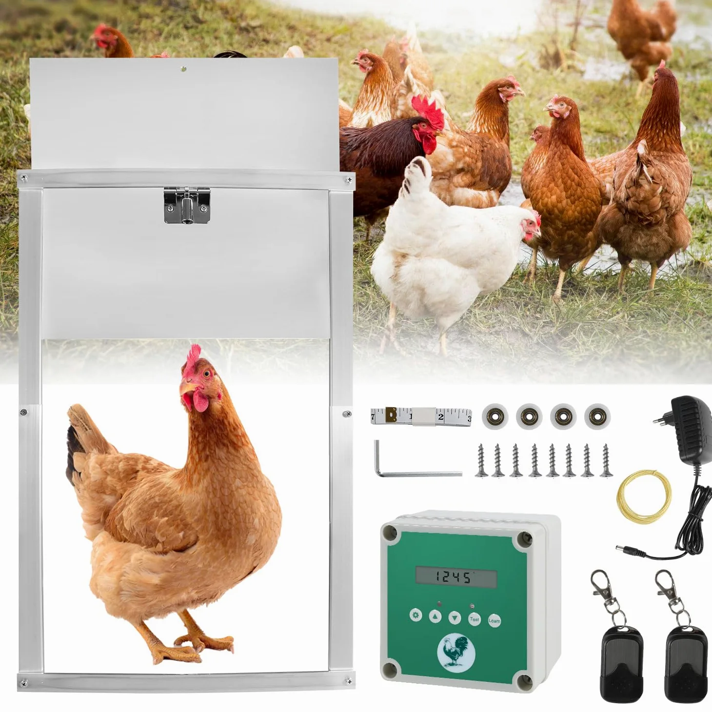 Sonnewelt Puerta de gallina automática con corredera de 30 x 30 cm, puerta de gallina de aluminio con sensor de luz y control de tiempo manual puerta de gallinero