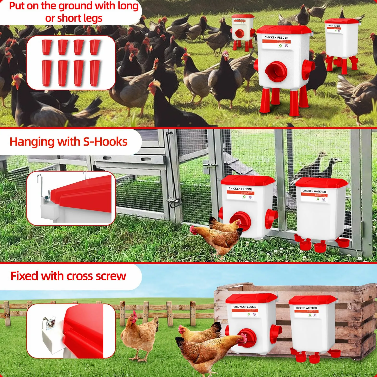 Juego de comedero de pollo de 12 kg y bebedero de 11 L, comederos y bebederos de pollo, comederos de pollo sin residuos, comedero de aves de corral al aire libre con patas desmontables hasta