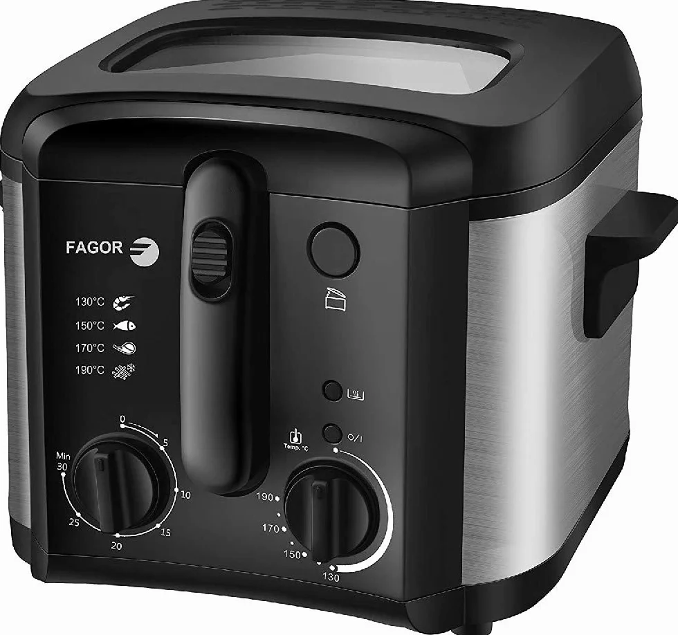 "Fagor Freidora Elétrica Compacta Cubeta Desmontable 2.5 litros, 1Kg Patatas, Regulador Temperatura, Temporizador, filtro Carbón Antiolor, 1600W, Negro"