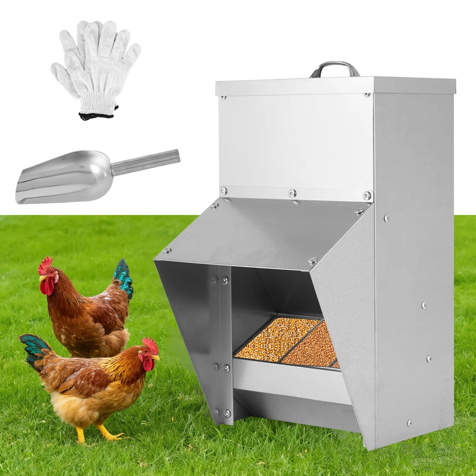 BAOSHISHAN Comedero automático para pollos, comedero de aves de corral montado en la pared con tapa, sin residuos, comedero al aire libre para pollos, pájaros, patos, gansos (10 kg)