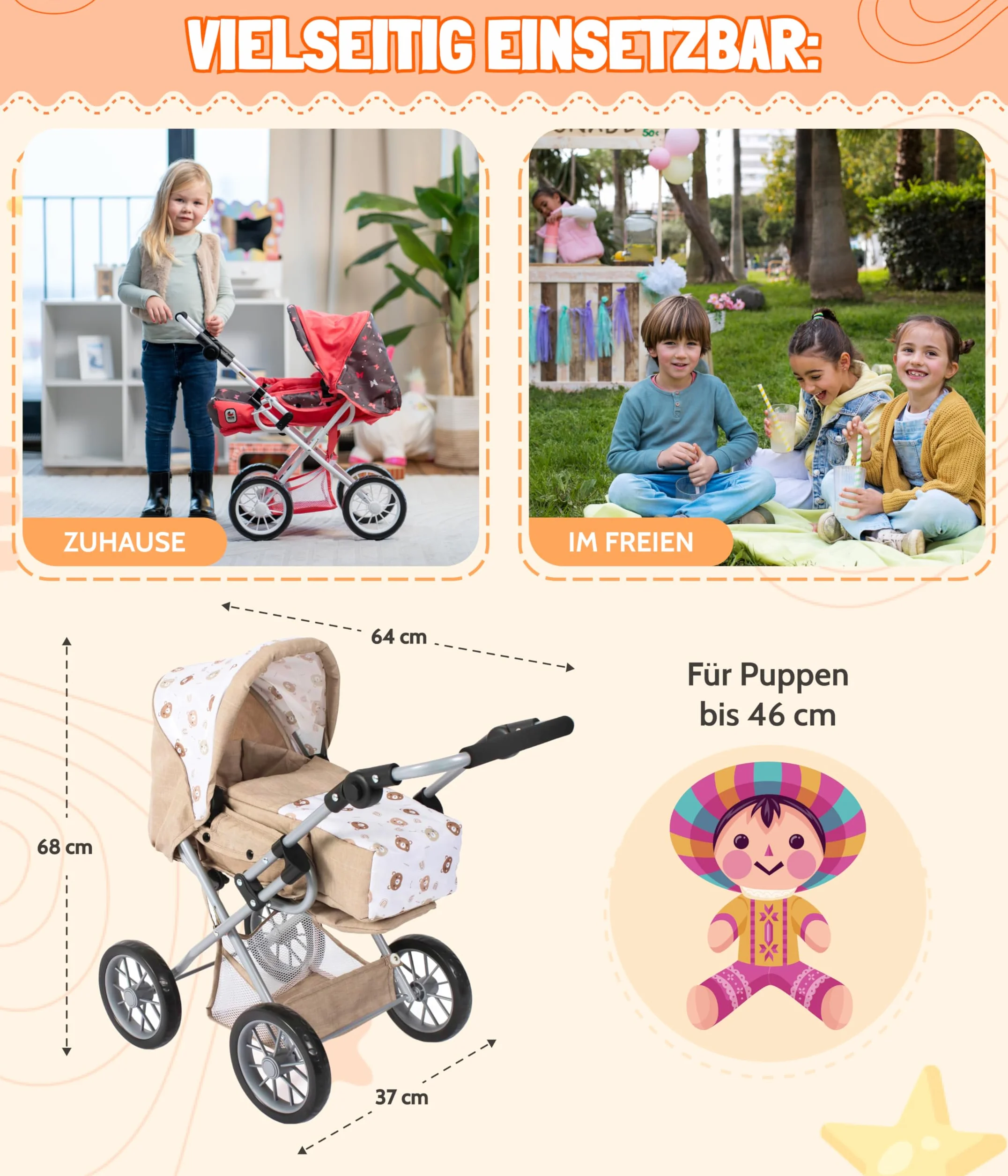 Bayer Chic 2000 Cochecito 3 en 1 para muñecas Leni, Plegable, Mango Ajustable 43-67 cm, Bolsa de Transporte, hasta 46 cm, 3 años