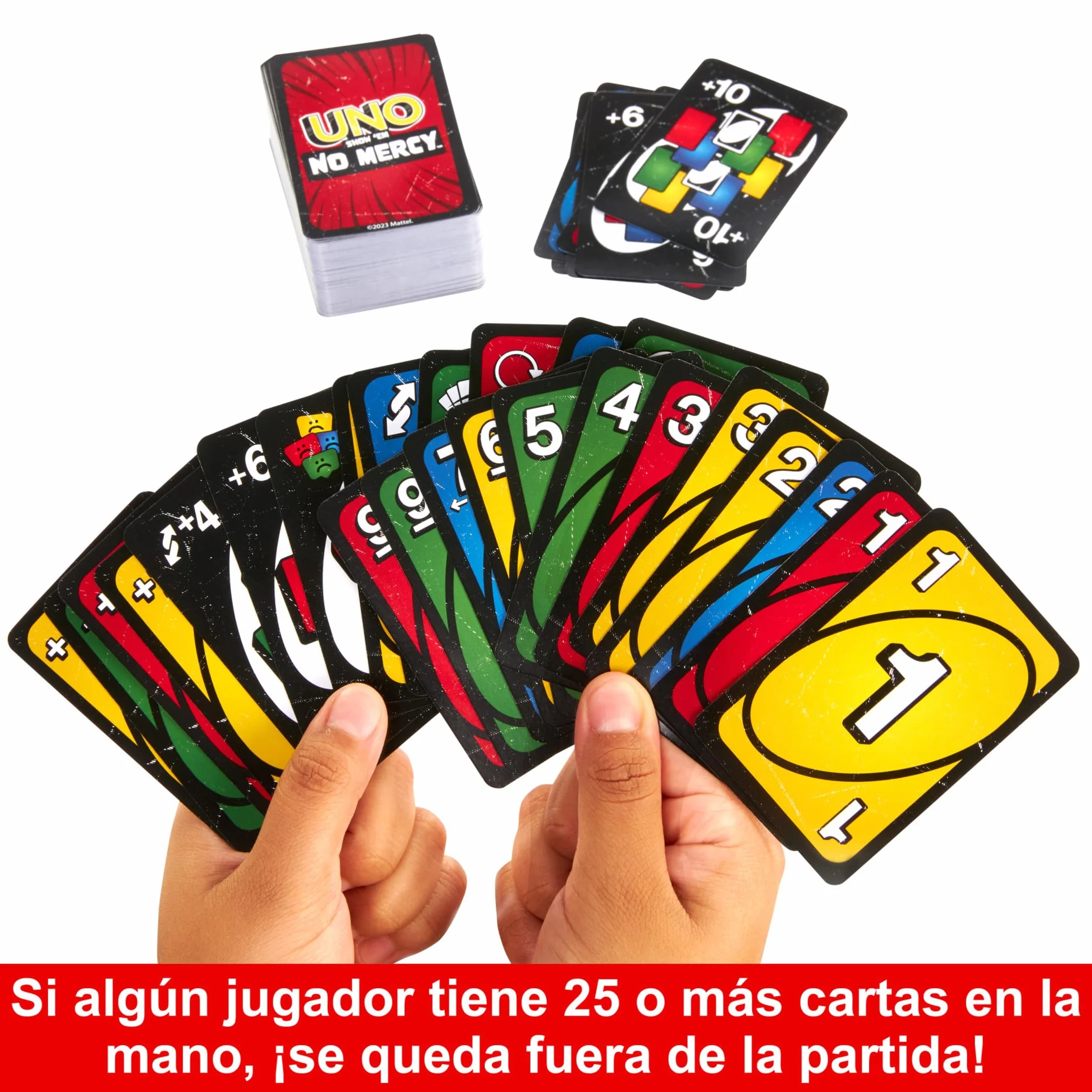Mattel Games UNO No Mercy Juego de Cartas con Cartas adicionales Reglas Especiales Caja de Metal +7 años