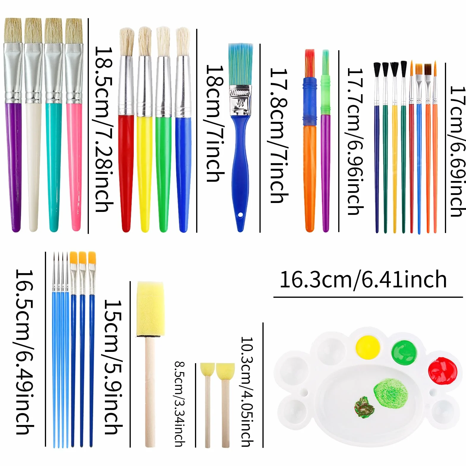 30 Piezas Pinceles para Pintura Niños con Paleta, Cerdas Redondas y Planas