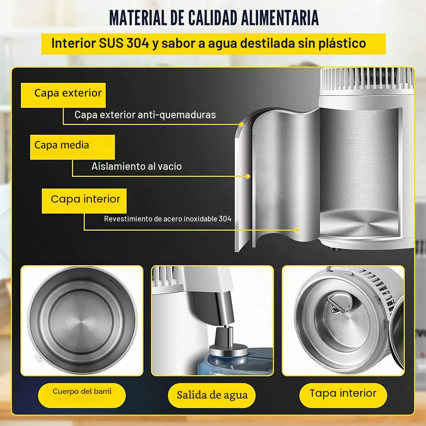 VEVOR Destilador de Agua 4L Acero Inoxidable Purificador Filtros Destilación