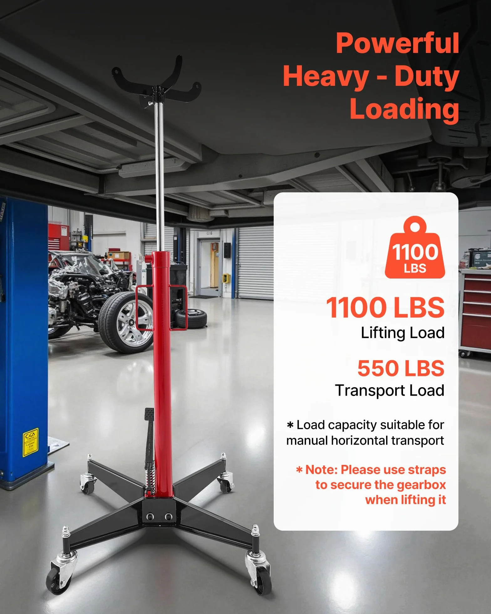 VEVOR Gato Hidráulico para Coche, con Capacidad de Elevación 500 kg, con Pedal, Rueda Giratoria 360°, Altura de Elevación 112-187 cm, para Taller/Garaje, Rojo y Negro, 640 x 575 x 1140–1890 mm