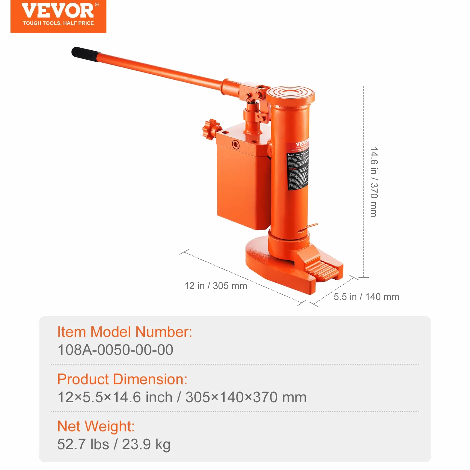 VEVOR Gato de Pierna Hidráulico 5 T para Máquina - Capacidad de Elevación 10 T Superior, Altura de Pierna 25-230 mm, Altura Superior 370-570 mm - para Maquinaria De Elevación e Industria