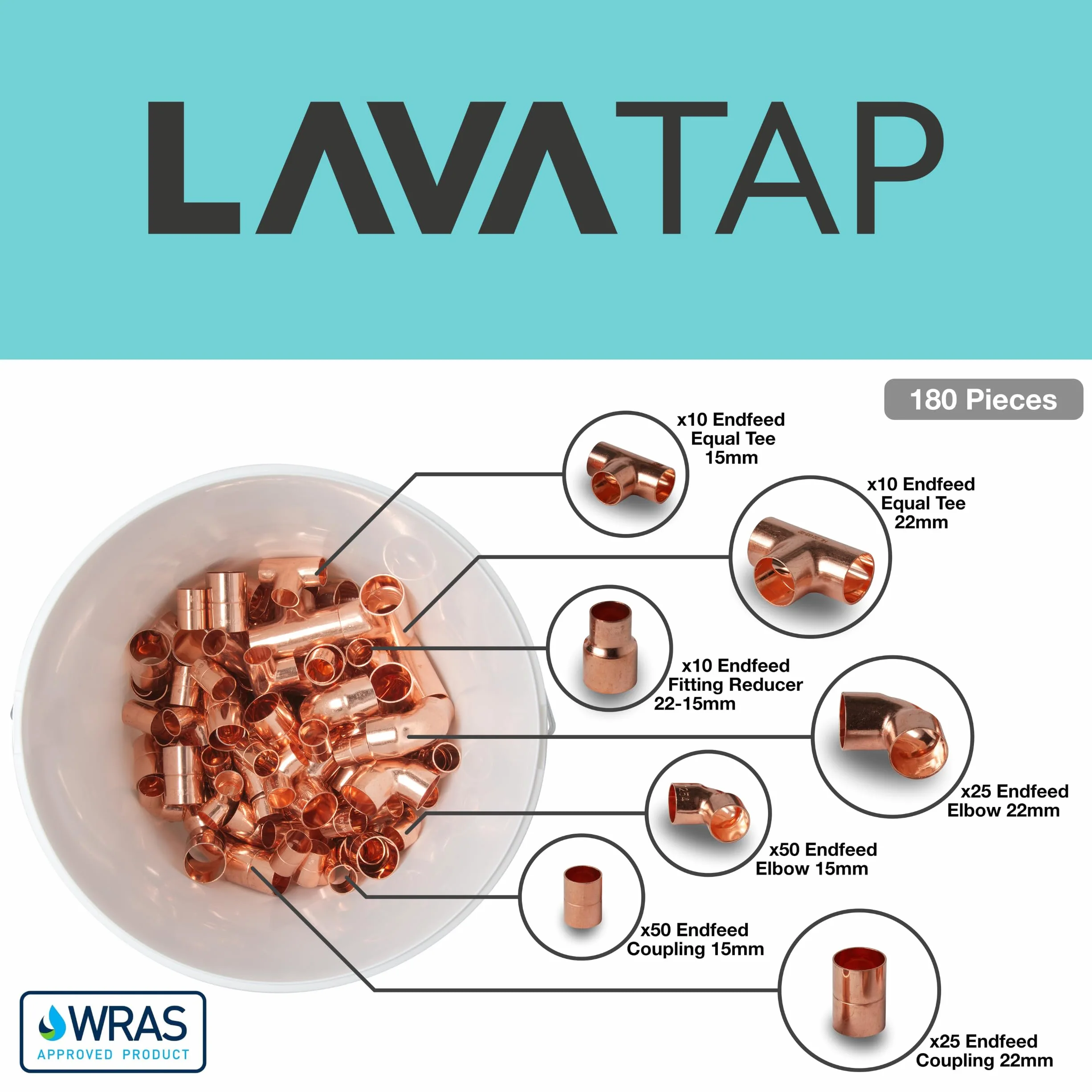 180 piezas de accesorios de tubería de cobre de 15 mm y 22 mm para fontanería, acoplador de alimentación final, codo reductor, cubo de fontaneros