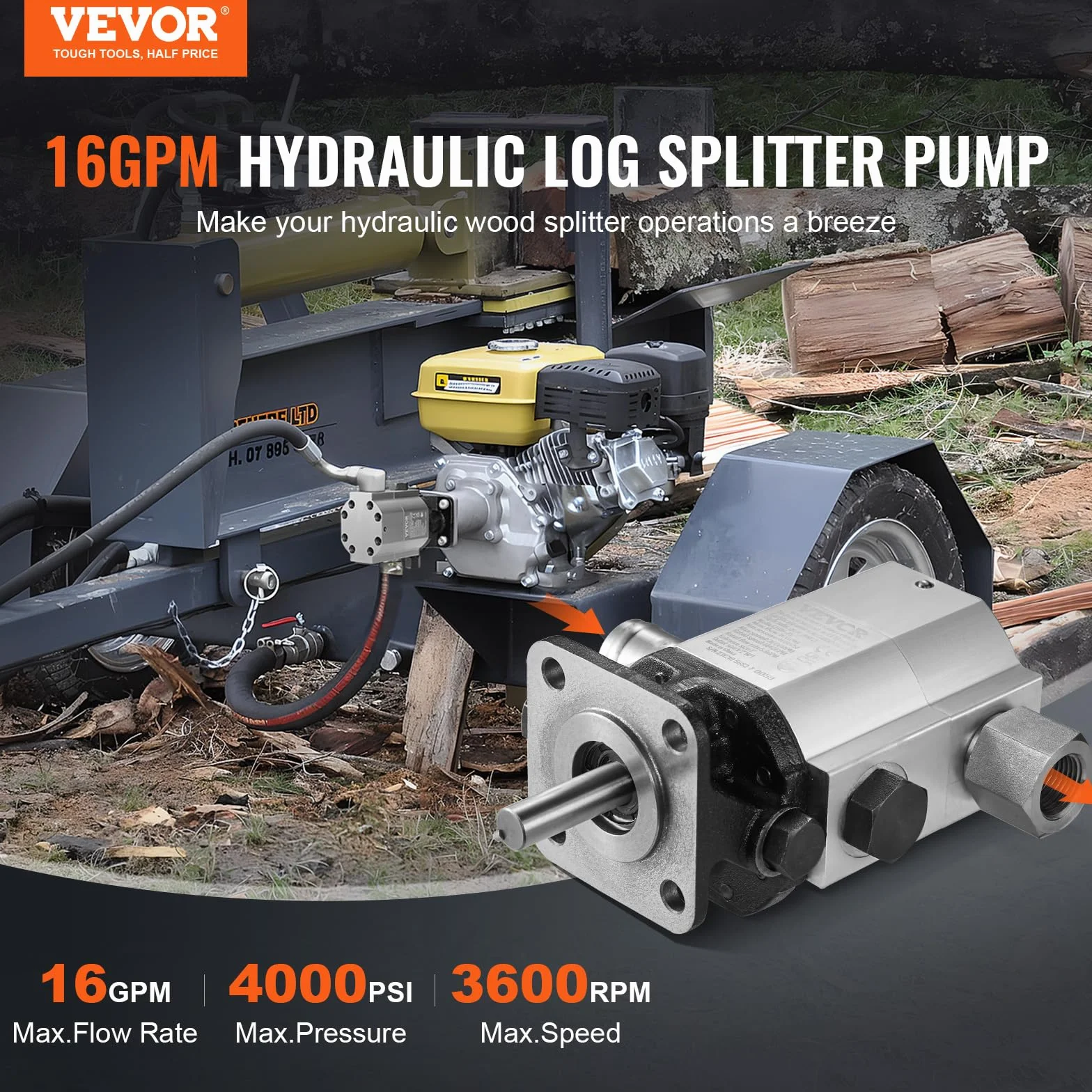 VEVOR Kit de bomba hidráulica de troncos, 16 GPM, bomba de engranajes hidráulica de aluminio de 2 etapas 4000 PSI, con válvula de entrada de 1'', salida NPT de 1/2'' 3600 RPM, para motor pequeño