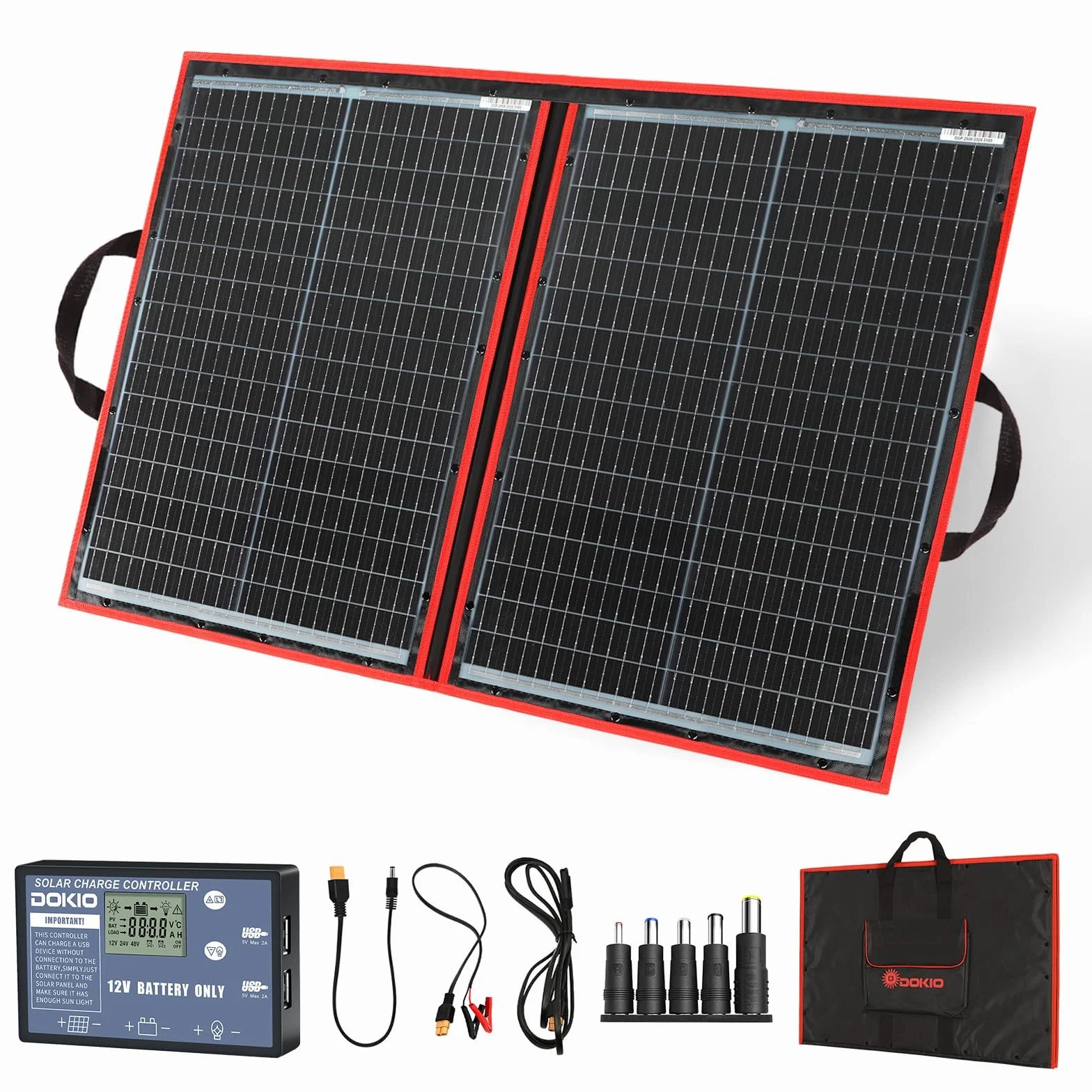 DOKIO Panel Solar PLEGABLE 100w 12v monocristalino portátil, impermeable, ideal para la energía solar al aire libre, embarcaciones, camping, caravanas o autocaravanas