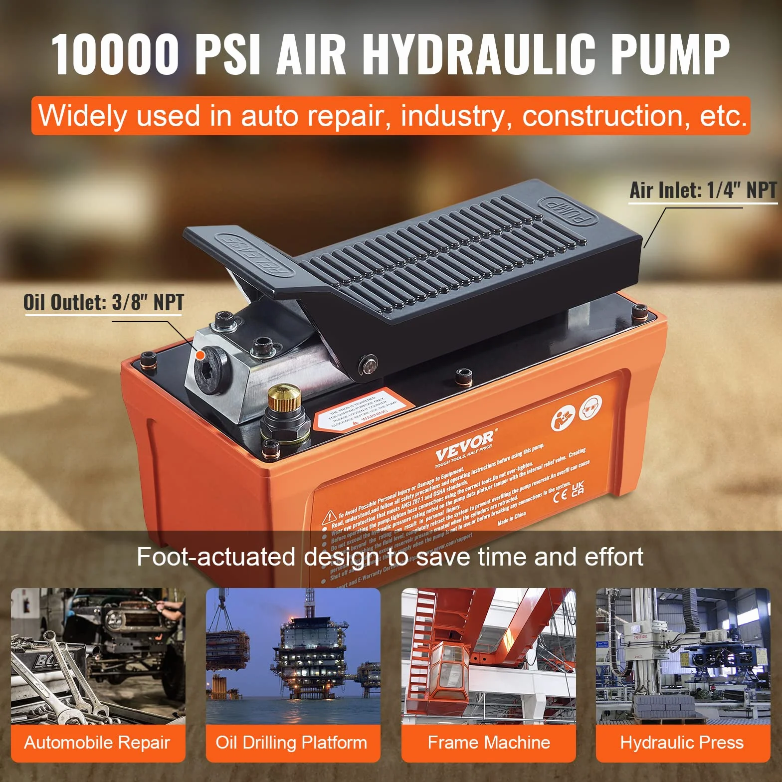 VEVOR Bomba de Aire Hidráulica 10.000 PSI Salida de Aceite NPT 3/8" Entrada de Aire NPT 1/4" Bomba Hidráulica de Pedal de Aire Tubo de Aceite de 2 m Bomba Hidráulica de Aire Accionada por Pie Naranja