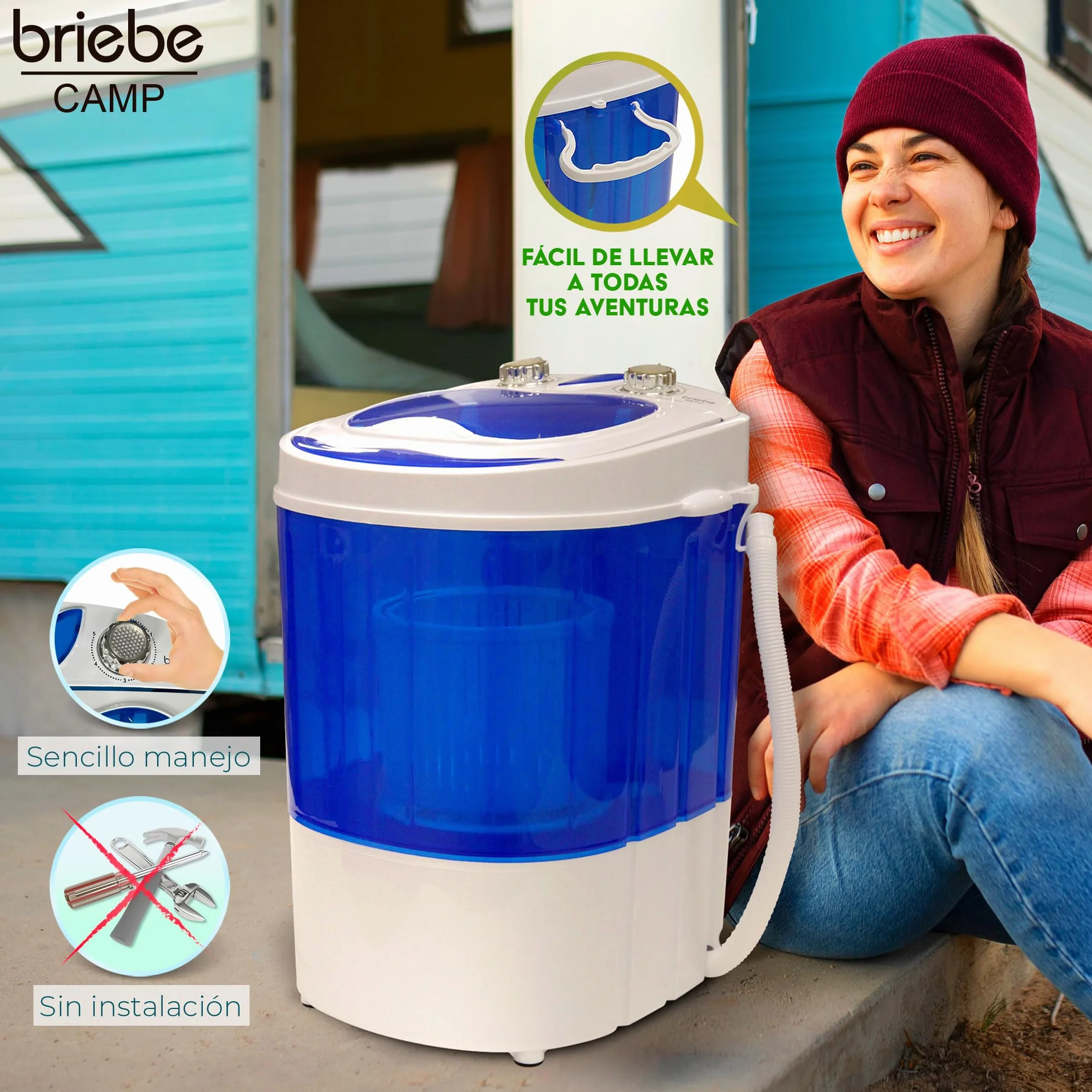 briebe Camp Mini Lavadora Portátil con Centrifugado 3kg Carga Superior Bajo Consumo
