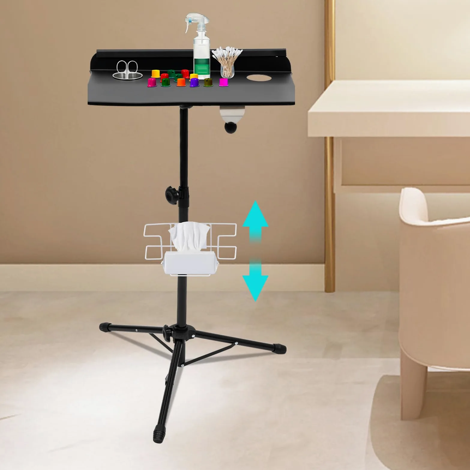 Banco de trabajo portátil para tatuajes, 61 – 107 cm, ajustable, profesional, con base de trípode y caja de almacenamiento, mesa para salones de belleza, tatuajes, manicura