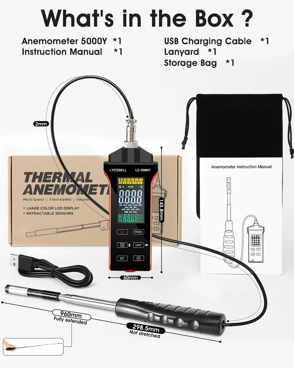 Anemómetro de Hilo Caliente LYCEBELL 5000Y 0.1-30 m/s IP54 Medidor Velocidad Aire Caudal CFM/CMM Sonda Extensible Batería USB-C