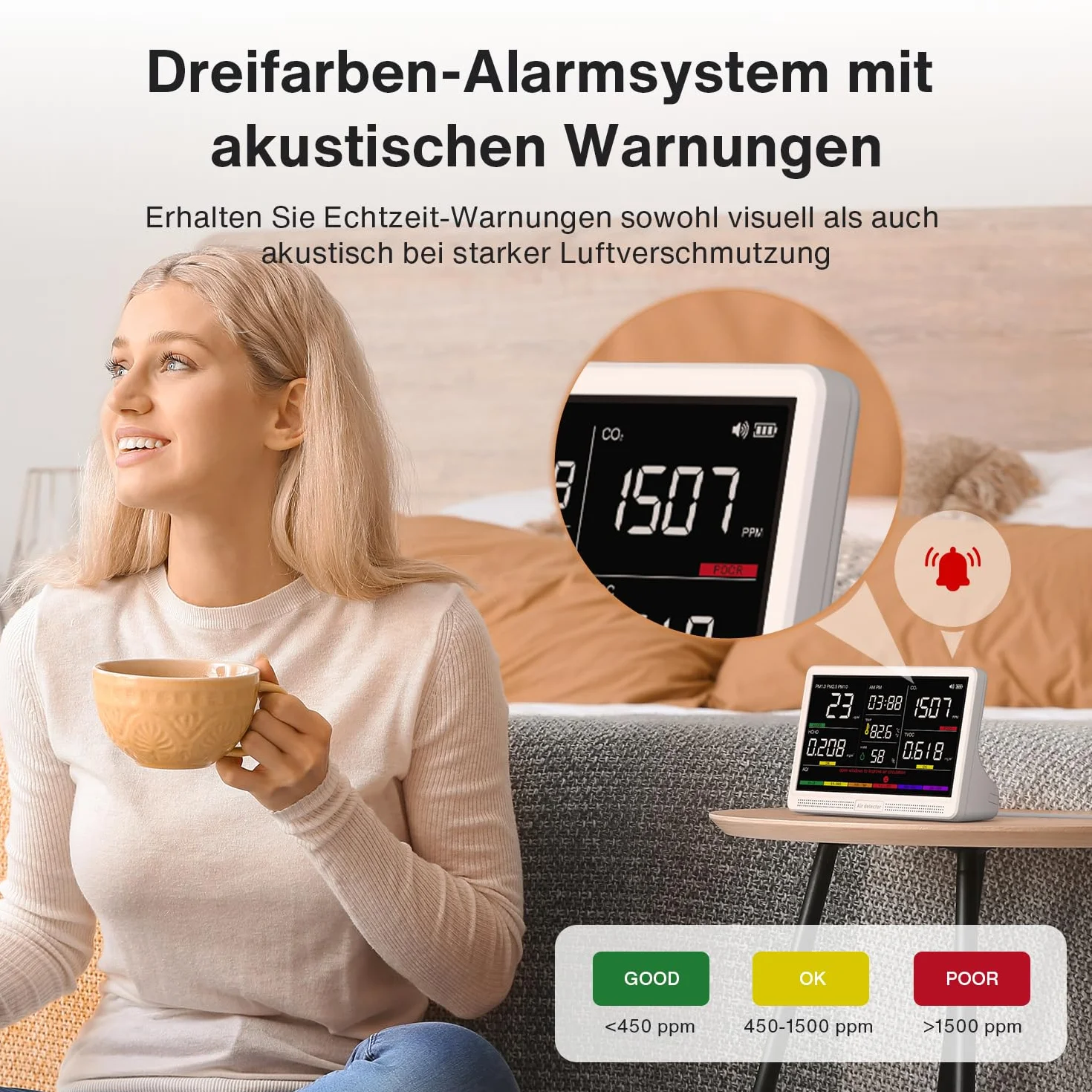 bonoch Monitor de Calidad del Aire 16 en 1 para Interiores con Pantalla de 7" – 9 AQI + 7 Alertas AQI – Medidor de CO2, TVOC, PM2.5, PM1.0, PM10, HCHO, Temperatura, Humedad, AQI y Hora – Para Hogar