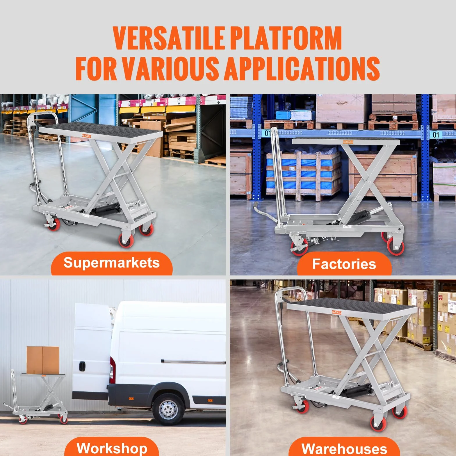 VEVOR Carro Hidráulico de Mesa Elevadora Capacidad de Carga de 230 kg Elevador Manual de Tijera Simple Altura de Elevación de 720 mm 4 Ruedas Cojín Antideslizante para Manipulación Transporte, Gris