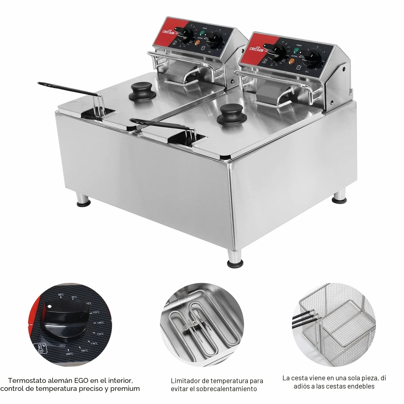 CROSSON 16L Freidora Doble Eléctrica Profesional,7500W Freidora Industrial Hosteleria Gran Capacidad Lleva una Cesta y una Tapa,Control de Temperatura 80-200°C para Cocina de Restaurante