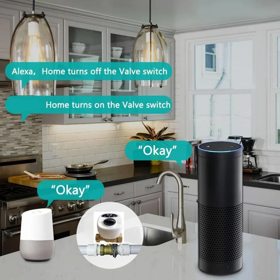Válvula de agua WiFi inteligente de apagado automático, aplicación de control remoto, 3 modos de temporización, alarma de fugas de agua y gas, para Alexa (DN20)
