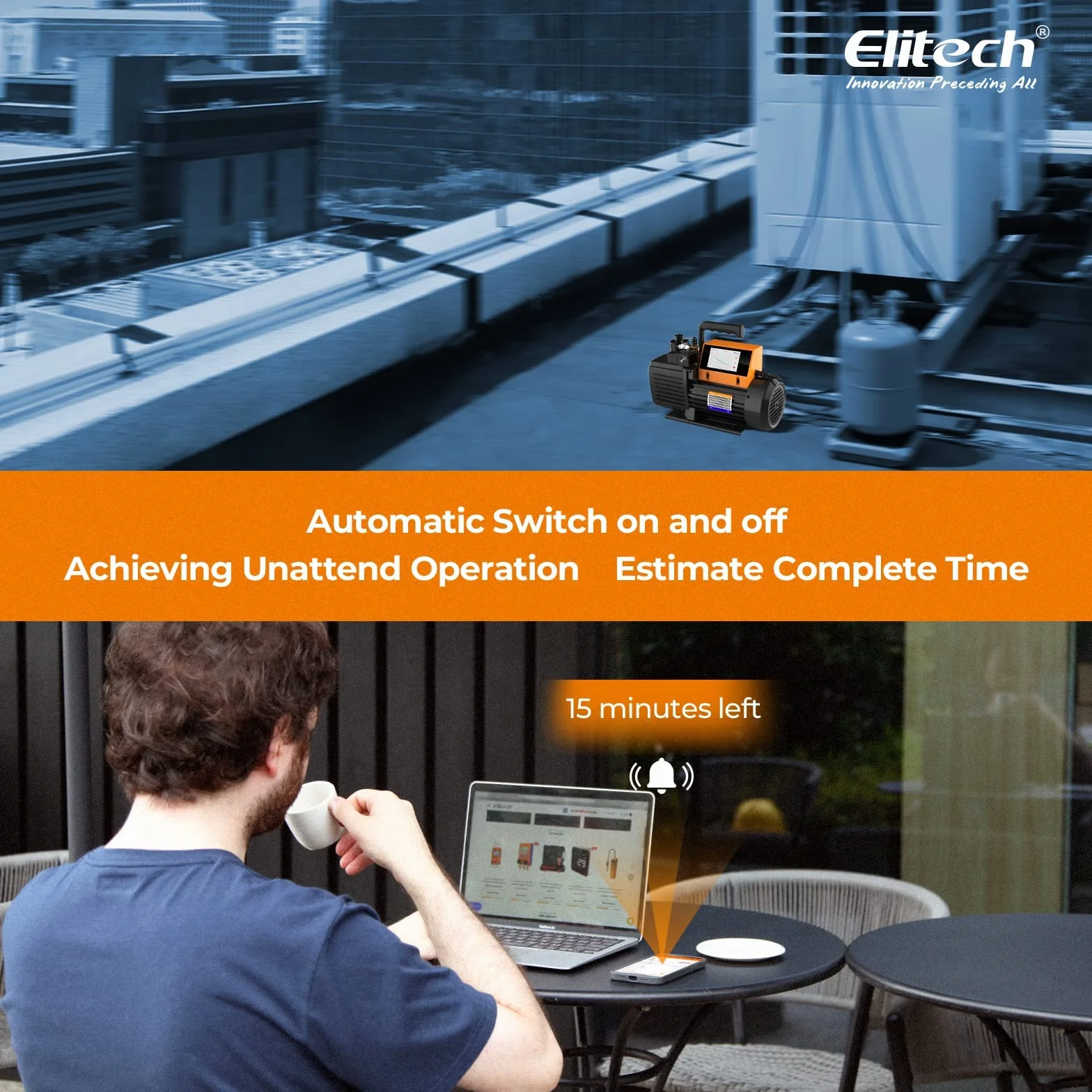 Elitech Bomba de vacío V900 9 CFM: bomba de vacío inteligente de 2 etapas con control por aplicación y medidor de vacío adicional para un diagnóstico preciso del sistema HVAC