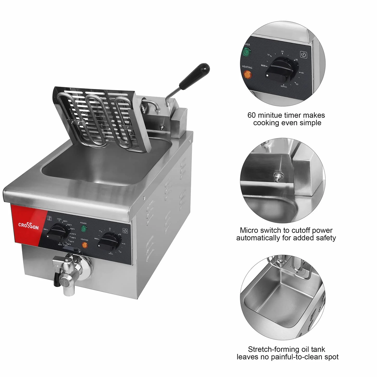 Freidora de mostrador eléctrica CROSSON 6L extra grande con drenaje, temporizador, cesta y tapa para uso en restaurantes Freidoras comerciales de 230 V, 3000 W (6 V EU)