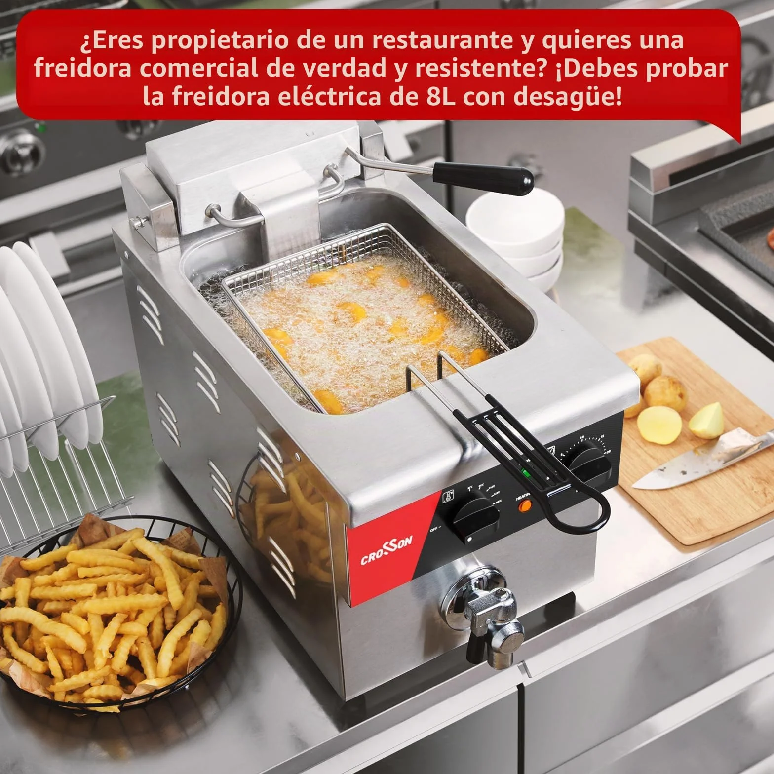 CROSSON Freidora Eléctrica Comercial 8L,3250W Freidora Aceite Profesional de Acero Inoxidable con Sistema de Desagüe, Temperatura Ajustable,para Aros de Cebolla Pollo Papas Fritas