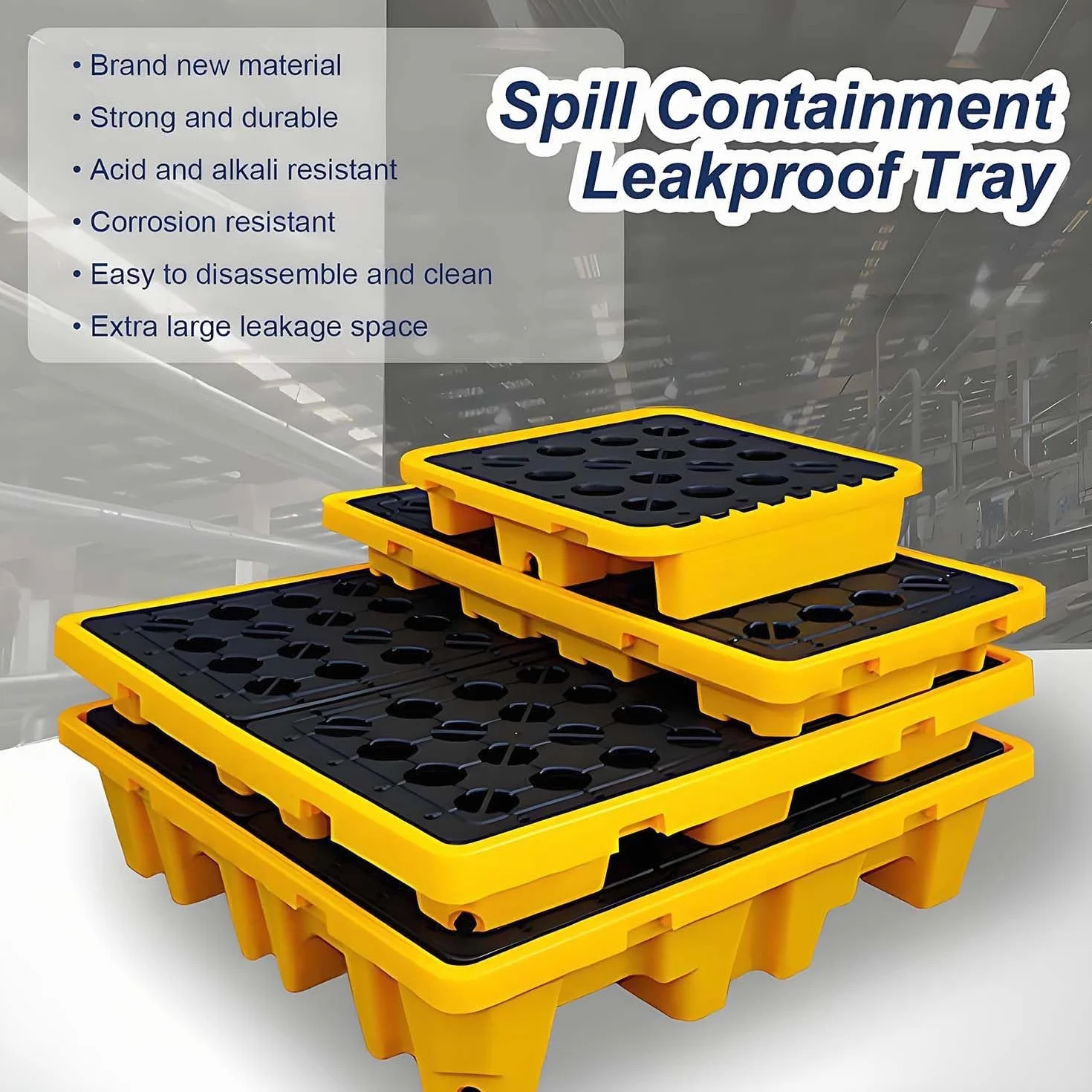 Plataforma Industrial Contención Derrames, Bandeja Modular Contención Capacidad Carga 1/2 Bidón, Tarima Antiderrames Amarilla Y Negra, Orificios Drenaje 66 * 36 * 12cm