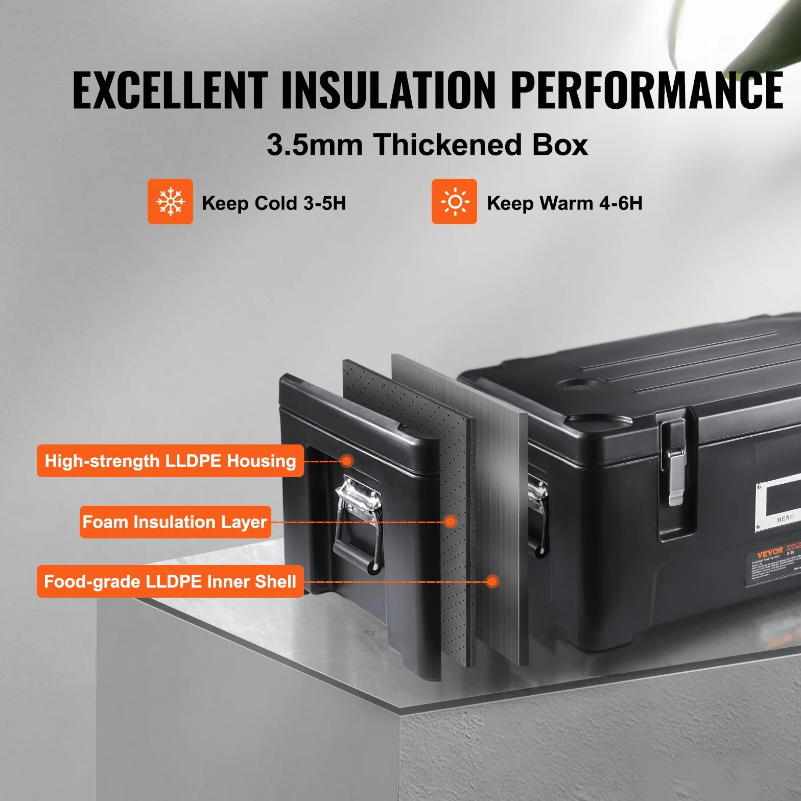 VEVOR Transportador de alimentos aislado 36 cuartos caja caliente apilable para catering con 3 sartenes de acero inoxidable calentador de alimentos LLDPE con asas laterales elásticas y hebillas, Negro