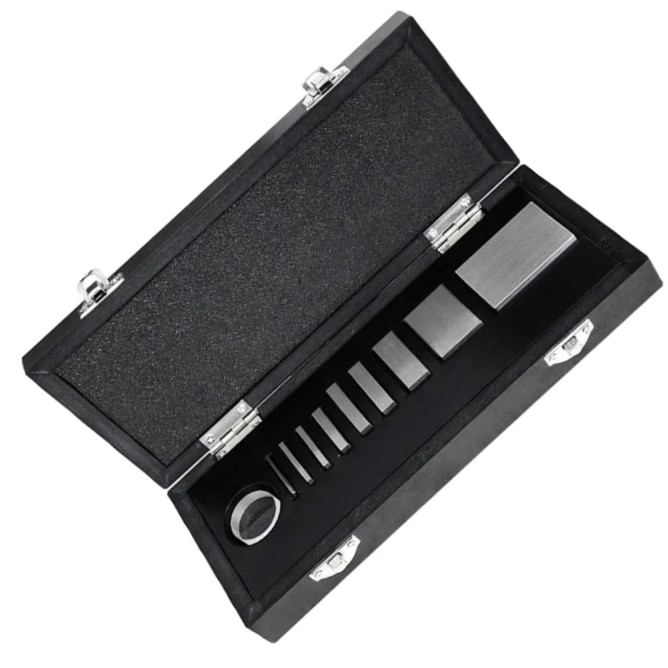 Kit de calibración de indicador con 9 bloques de calibre de acero y plano óptico, certificado rastreable NIST, tolerancia de grado AS-0, bloques serializados en caja de madera para (Nivel 1)