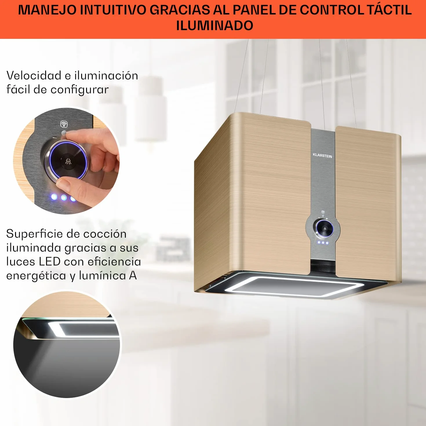 Klarstein Futurelight Smart Campana Extractora de Isla 420m³/h Acero Inoxidable Dorado