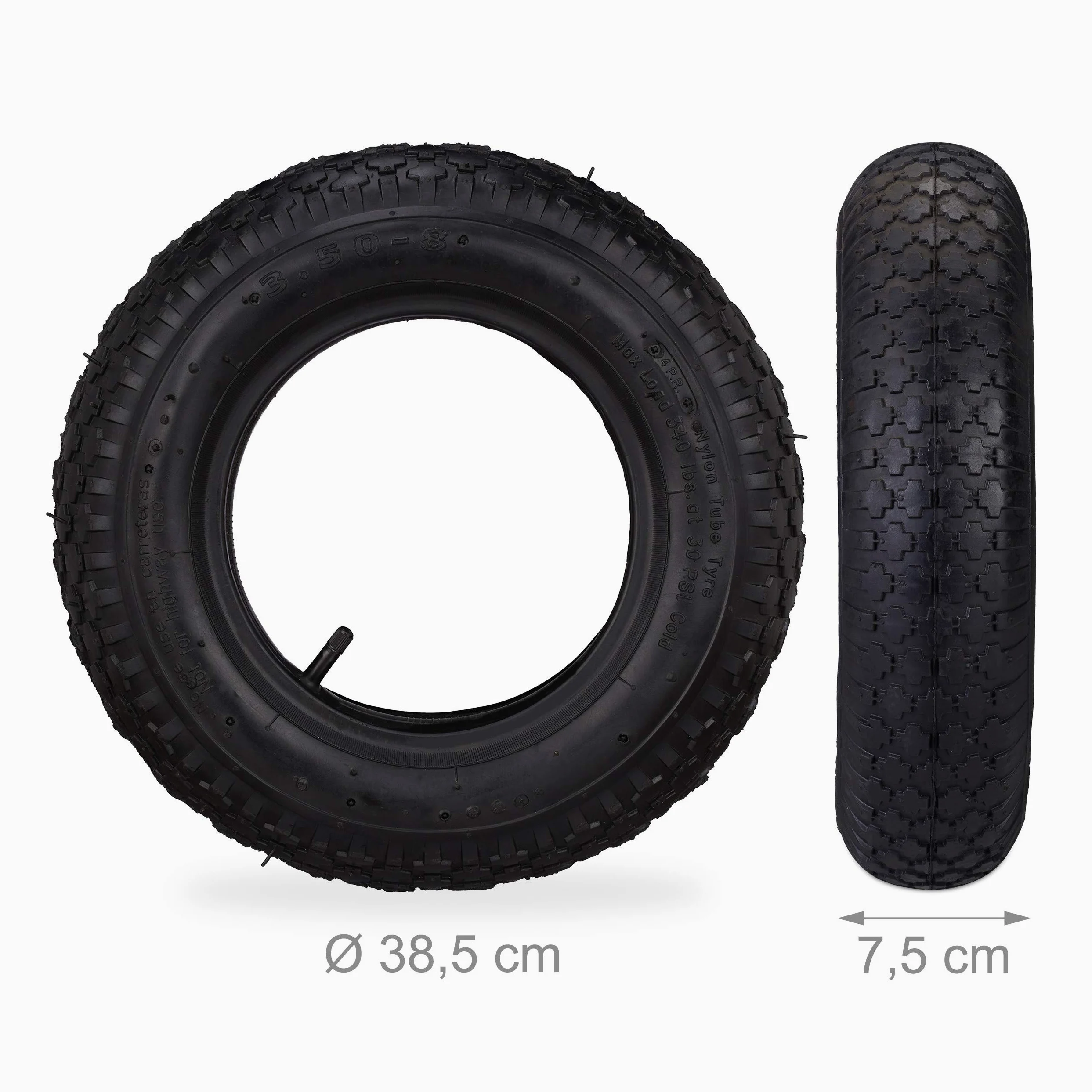 Relaxdays Rueda Carretilla con Cámara, Set de 2 Recambios, 3.50-8", Neumáticas, para Carros de Mano, hasta 154 kg, Negro