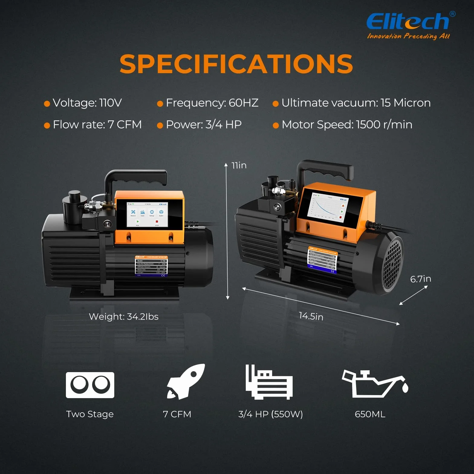 Elitech Bomba de vacío V900 9 CFM: bomba de vacío inteligente de 2 etapas con control por aplicación y medidor de vacío adicional para un diagnóstico preciso del sistema HVAC