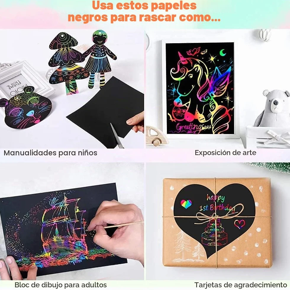 Mocoosy Juego de 60 piezas Papel Artístico para Rascar para Niños - Arcoíris Scratch Art Kit con 4 Plantillas 5 Lápices