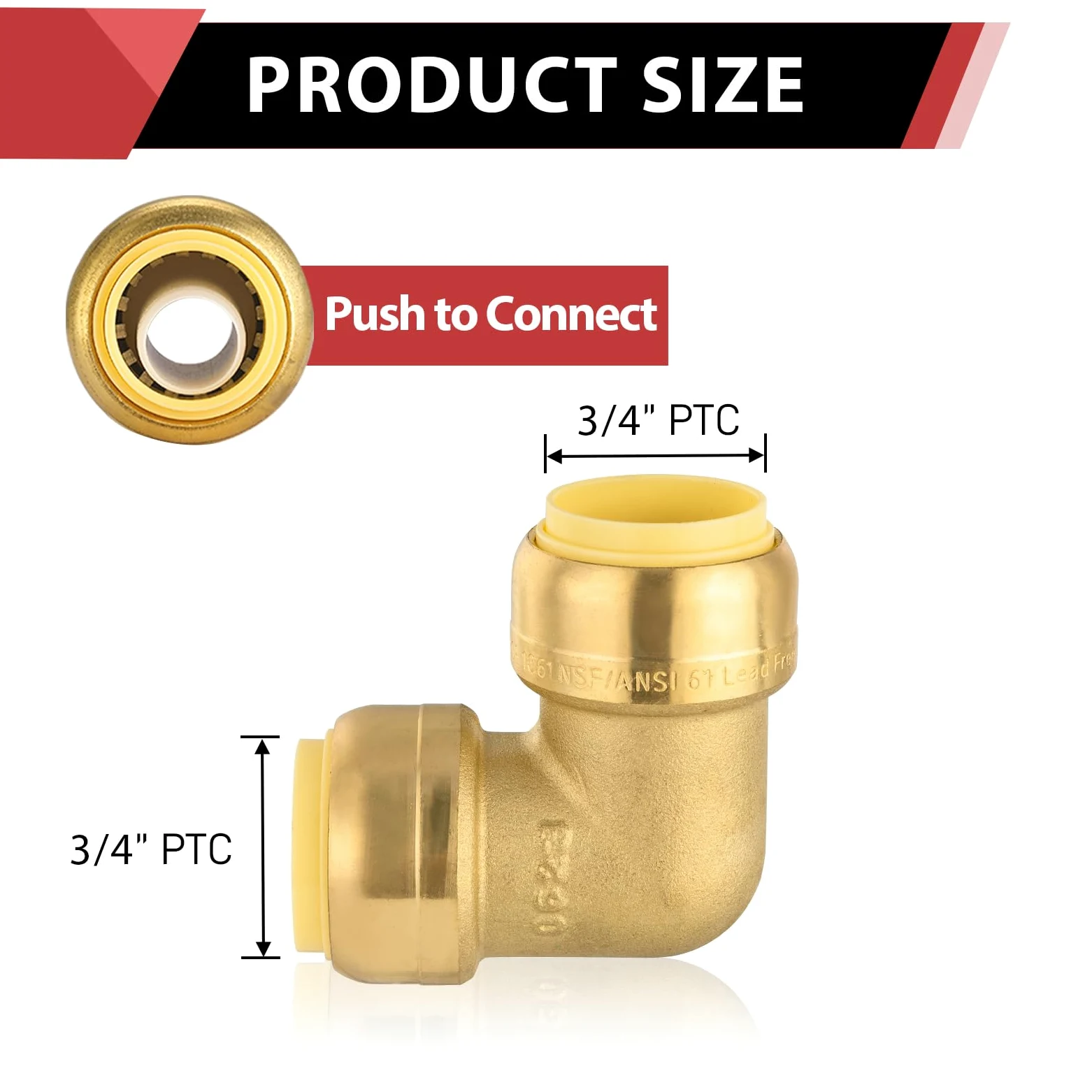 EFIELD - Codo de 90 grados EFIELD de 3/4 pulgadas, accesorios de latón de ajuste a presión para conectar tubos de cobre, PEX, CPVC con clip de desconexión de 1/2 pulgada (12, 3/4 pulgadas)
