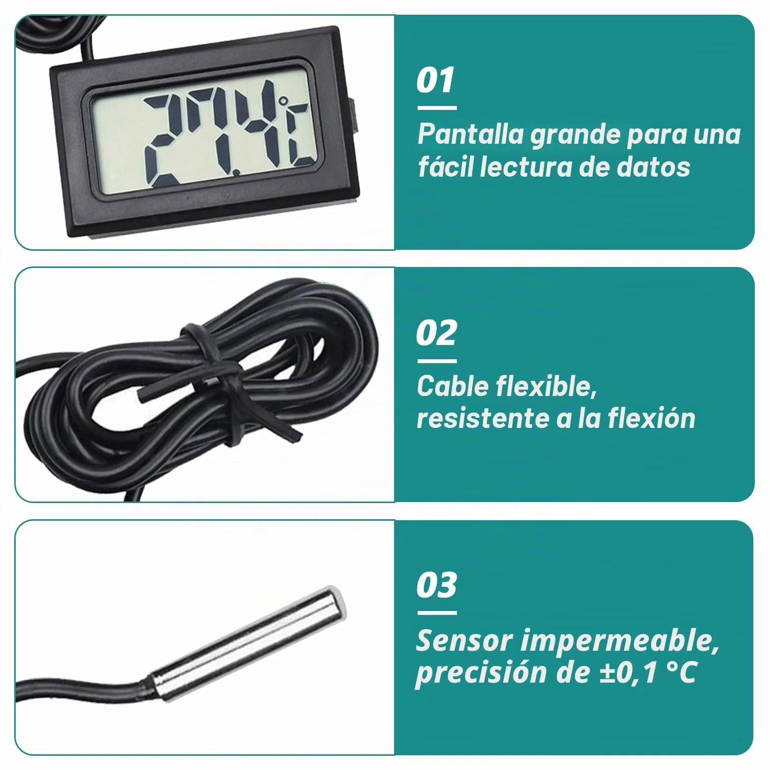 Termómetro Digital Mini con Sonda Externa Impermeable, 4 Piezas para Acuario, Refrigerador y Congelador