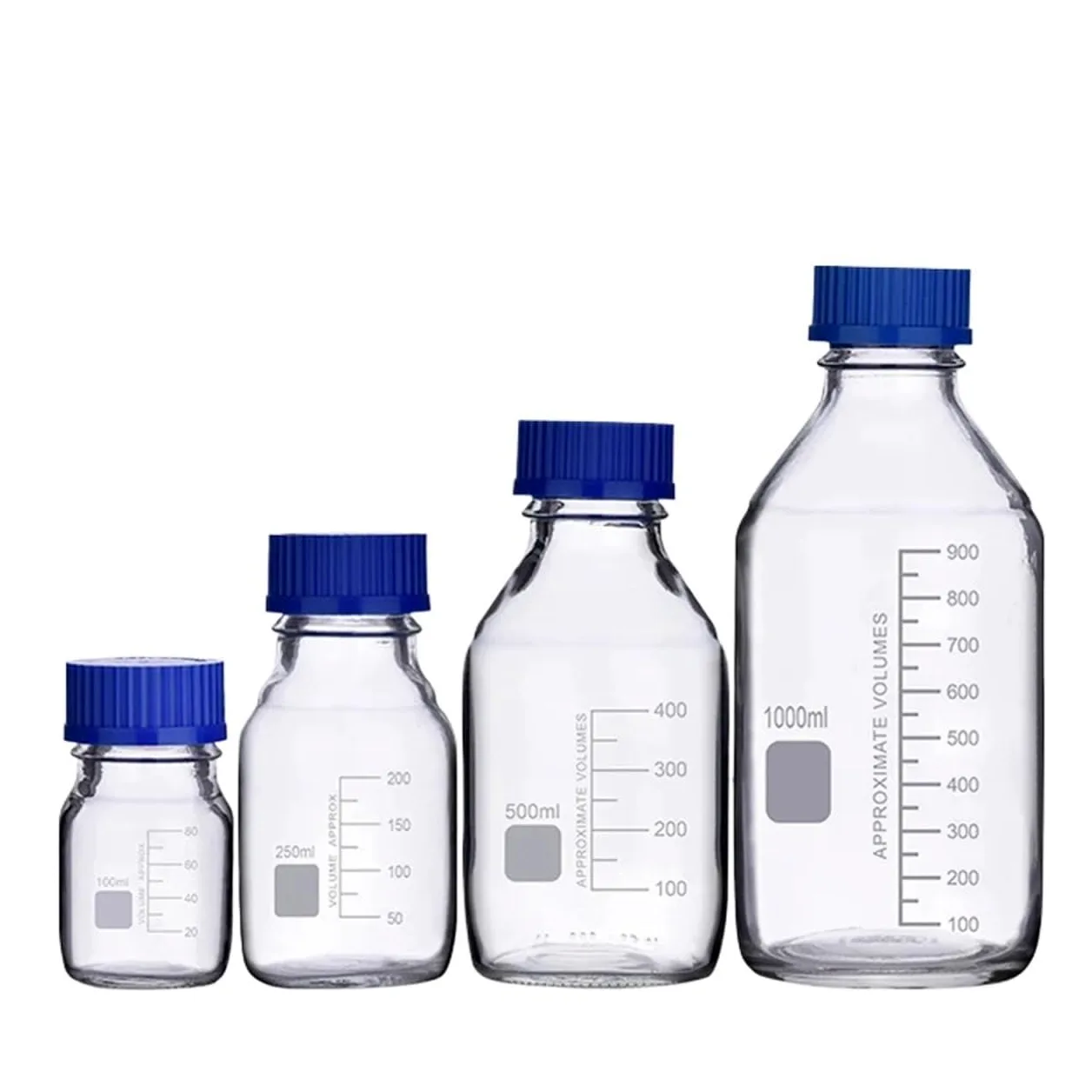 Botella de reactivo de vidrio de borosilicato transparente for laboratorio de 100 ml, 250 ml, 500 ml y 1000 ml con tapa de rosca azul