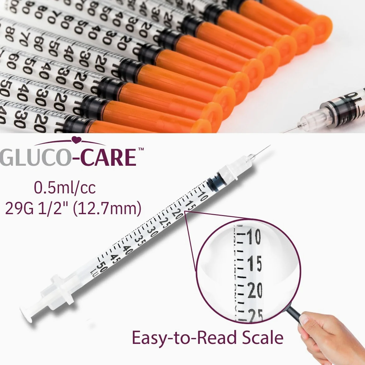 Jeringas de 0,5 ml/cc, 29 g x 12,7 mm, 100 unidades por caja