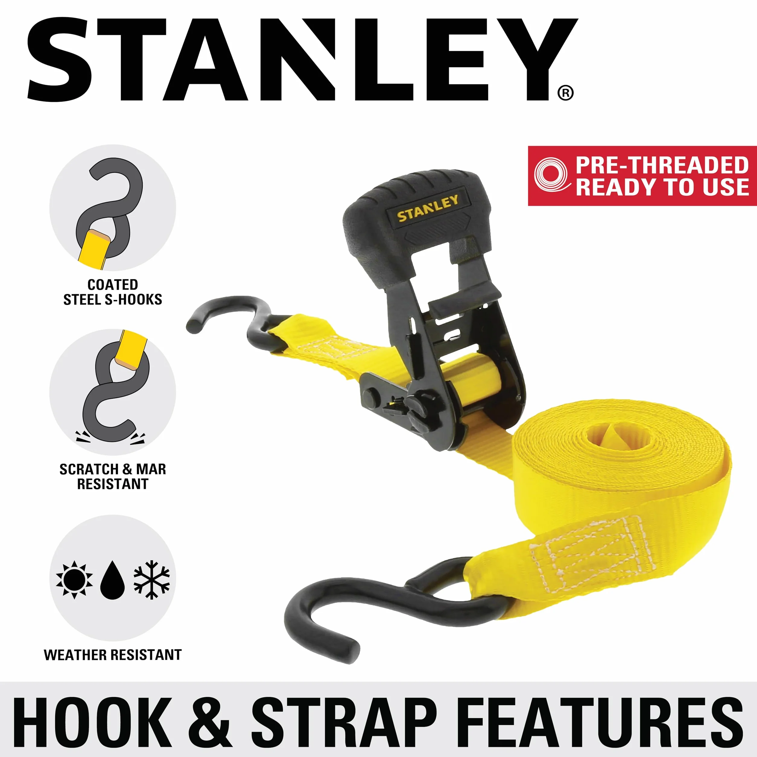STANLEY S10204 Correas de trinquete preroscadas 1.25 Pulgadas x 16 pies Carga de Trabajo Segura 1 Libra Paquete de 4