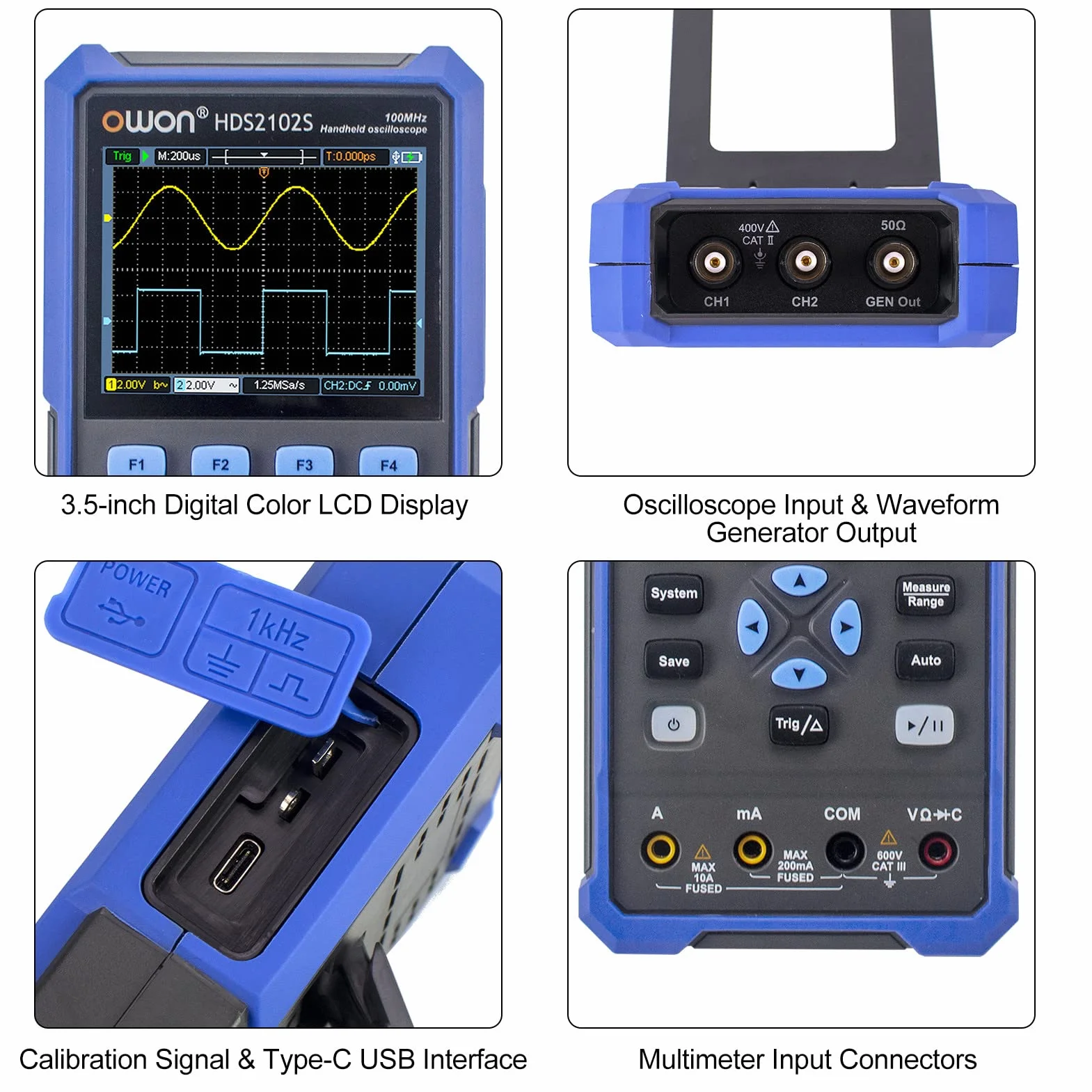 OWON HDS2102S - Osciloscopio portátil de 2 canales de 100 MHz ancho de banda 20000 cuentas multiumeter OSC + DMM + generador de forma de onda