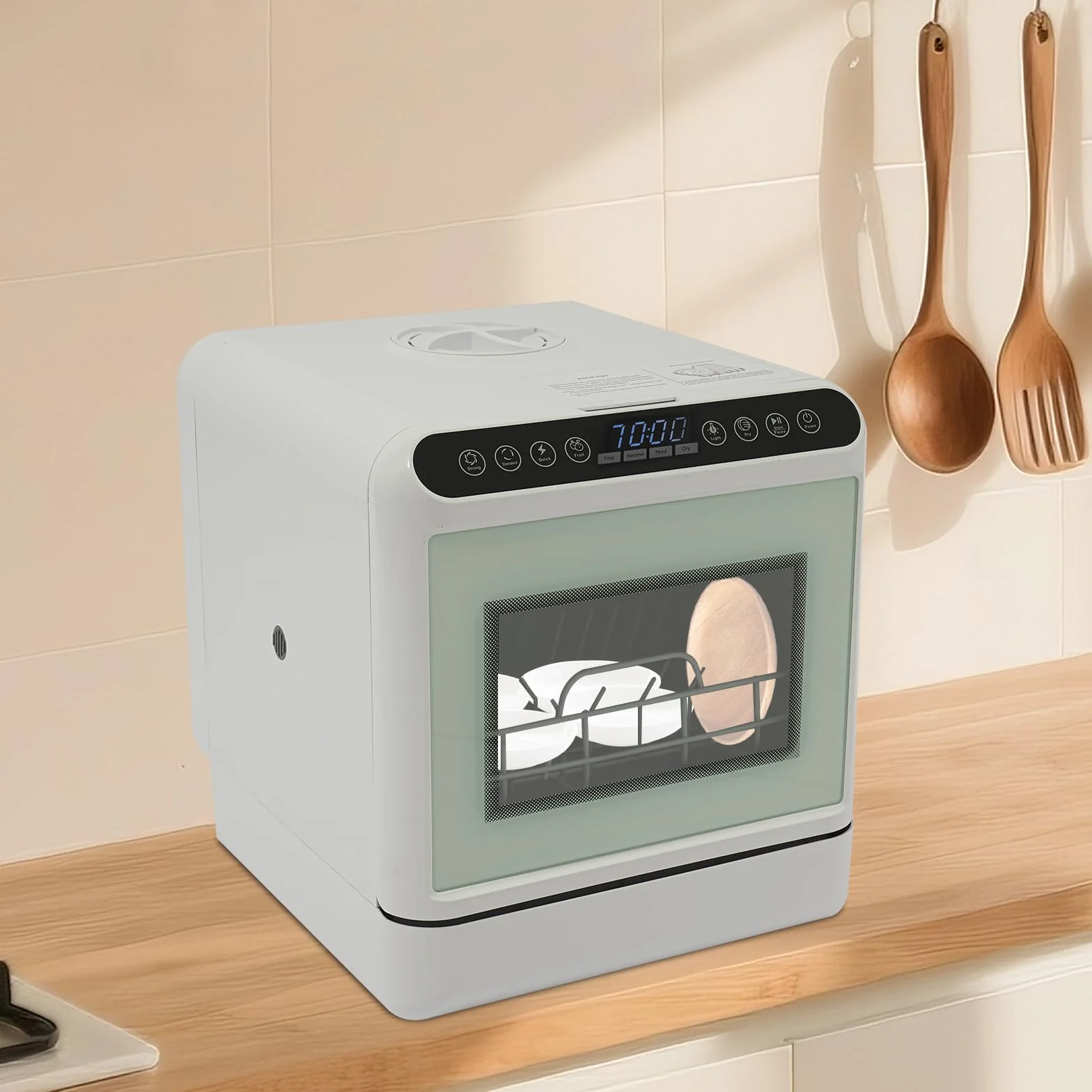 Lavavajillas de mesa portátil pequeño con depósito de agua blanco