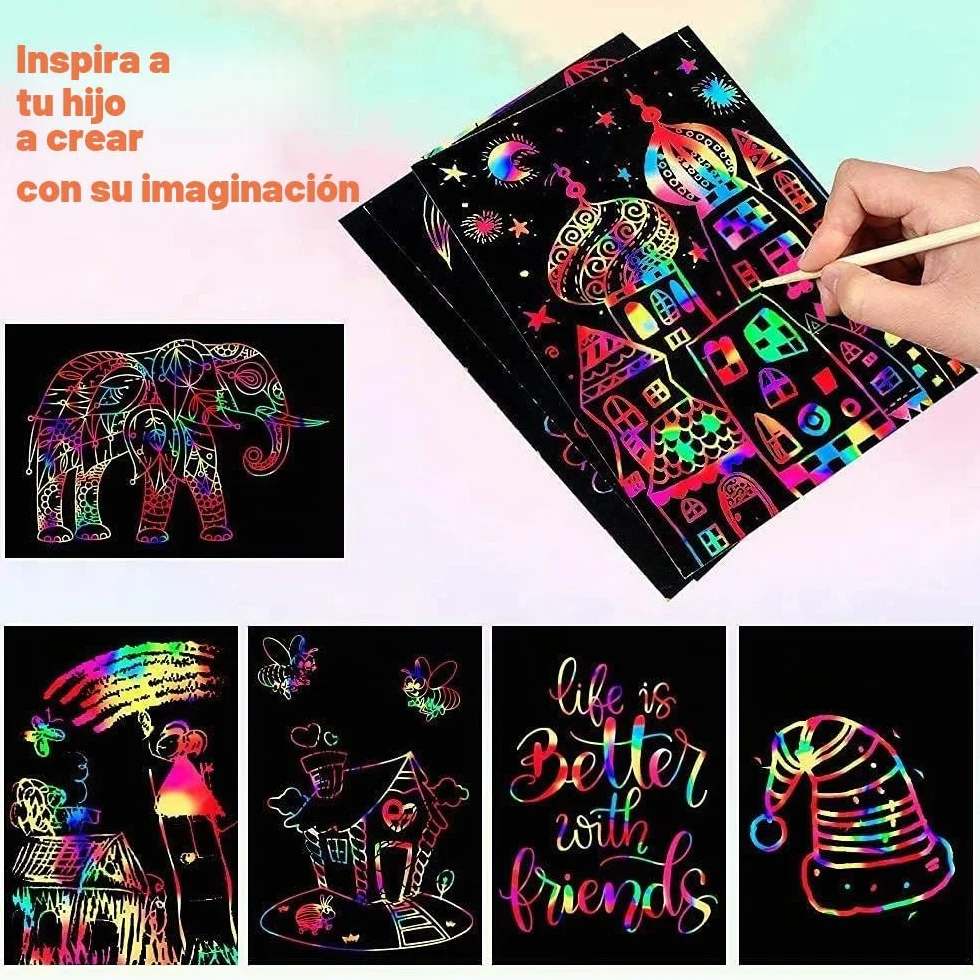 Mocoosy Juego de 60 piezas Papel Artístico para Rascar para Niños - Arcoíris Scratch Art Kit con 4 Plantillas 5 Lápices