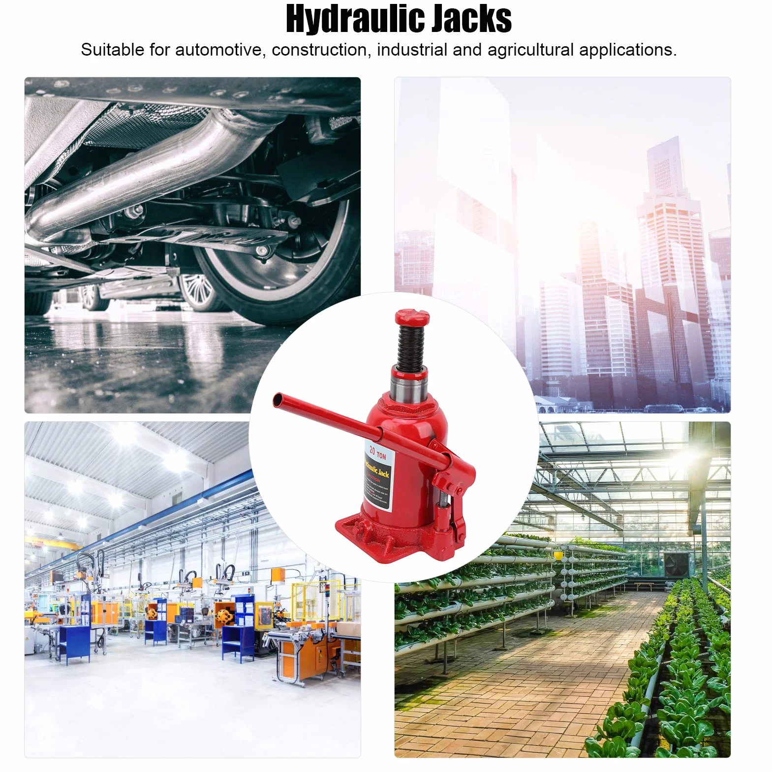 Gato Hidráulico de Botella Industrial, 20 Toneladas de Capacidad, Base Antideslizante con Placa de Acero, para Construcción, Automotriz, Agricultura