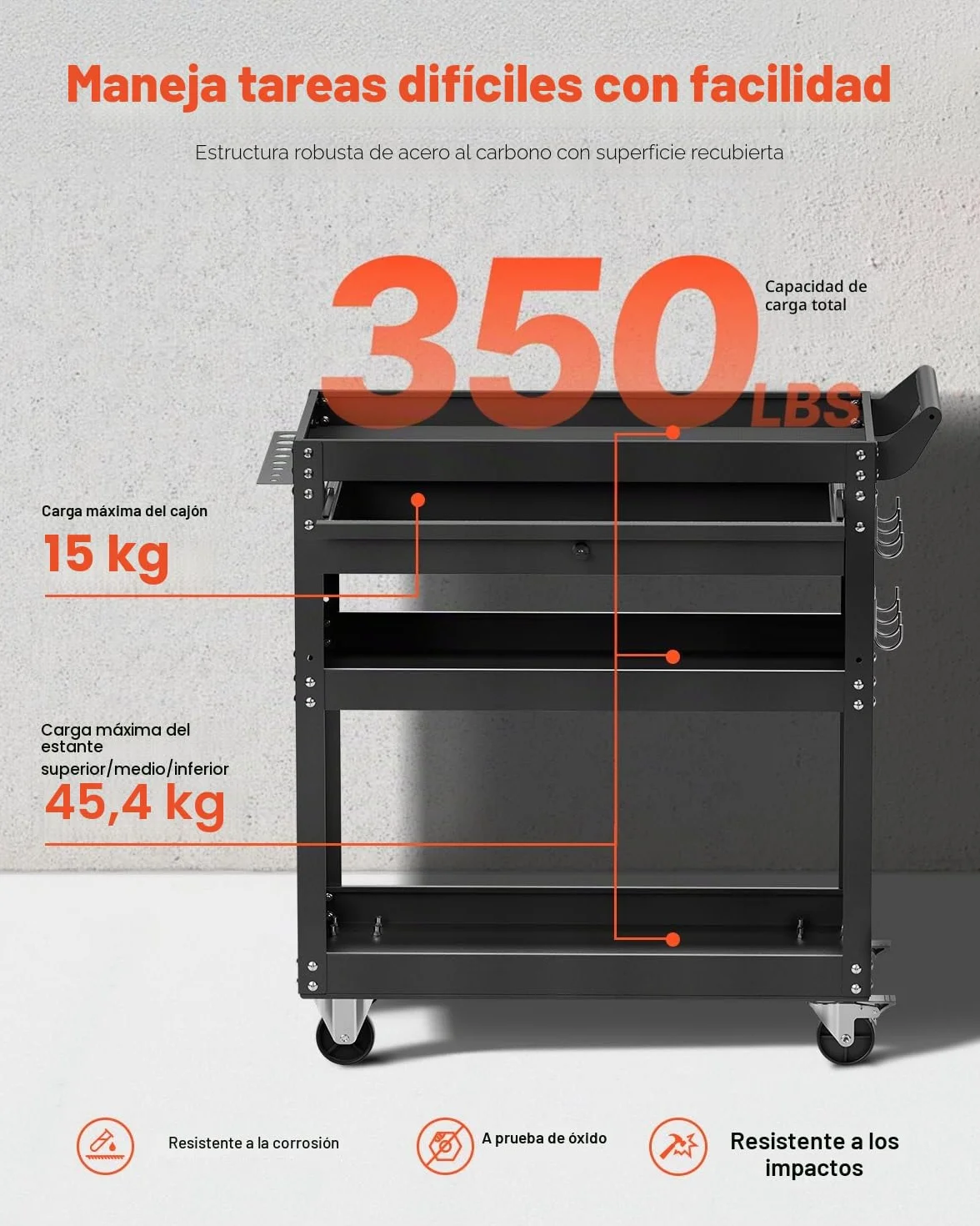 VEVOR Carro de Herramientas, Organizador de Herramientas para Mecánicos de 4 Niveles con Ruedas, Sistema de Bloqueo, Cajón y Tablero Perforado, Carga de 159 kg para Garaje, Almacén y Taller, Negro