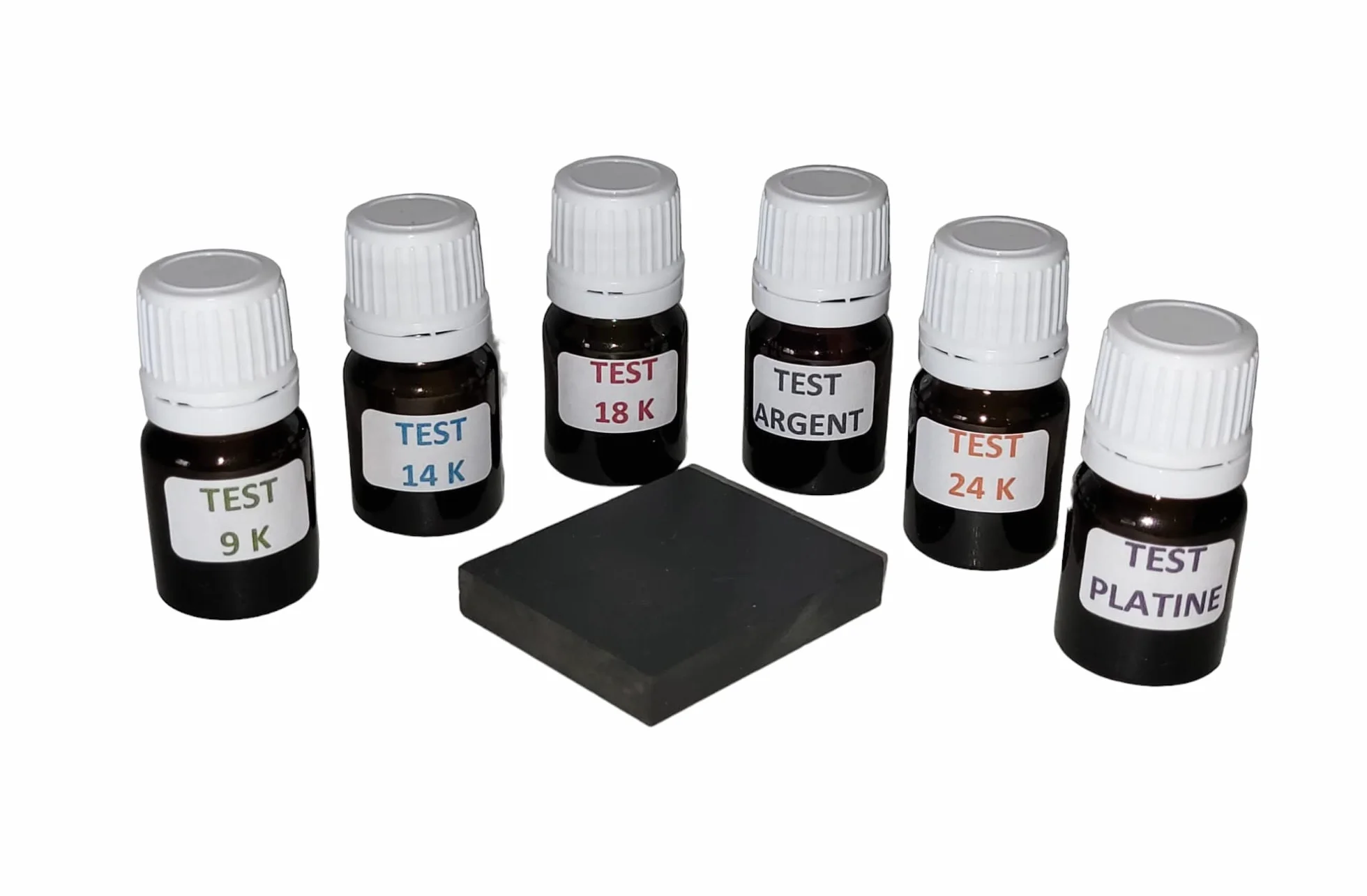 Kit probador de metales preciosos 6 frascos oro 9K 14K 18K 24K plata platino piedra de toque