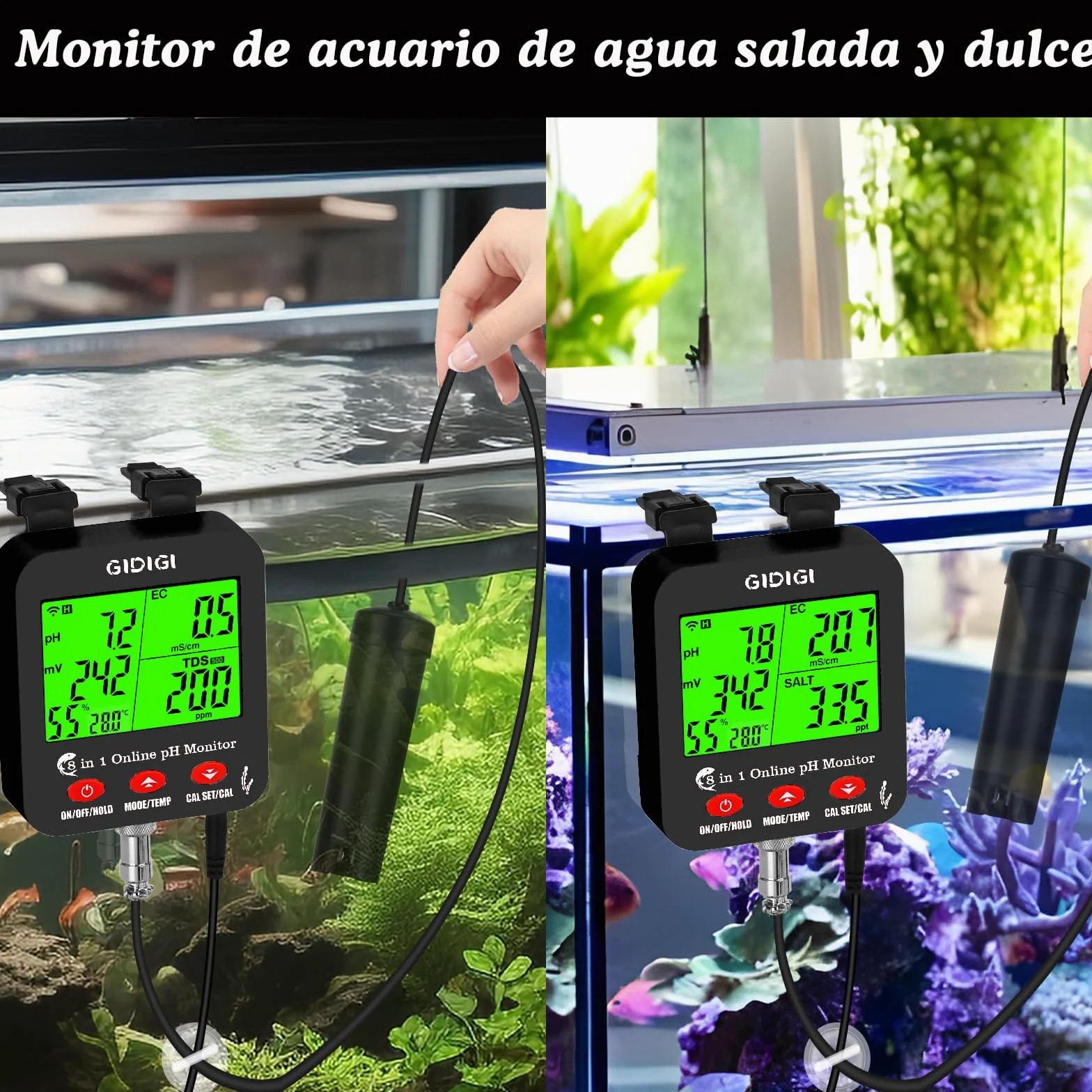 Medidor pH Acuario inteligente, Continuo pH Hidroponia Monitor | Pantalla Grande Puede Mostrar Múltiples Parámetros Simultáneamente,8 en 1 pH EC PPM ORP Sal y Humedad para Acuario,Hidroponia