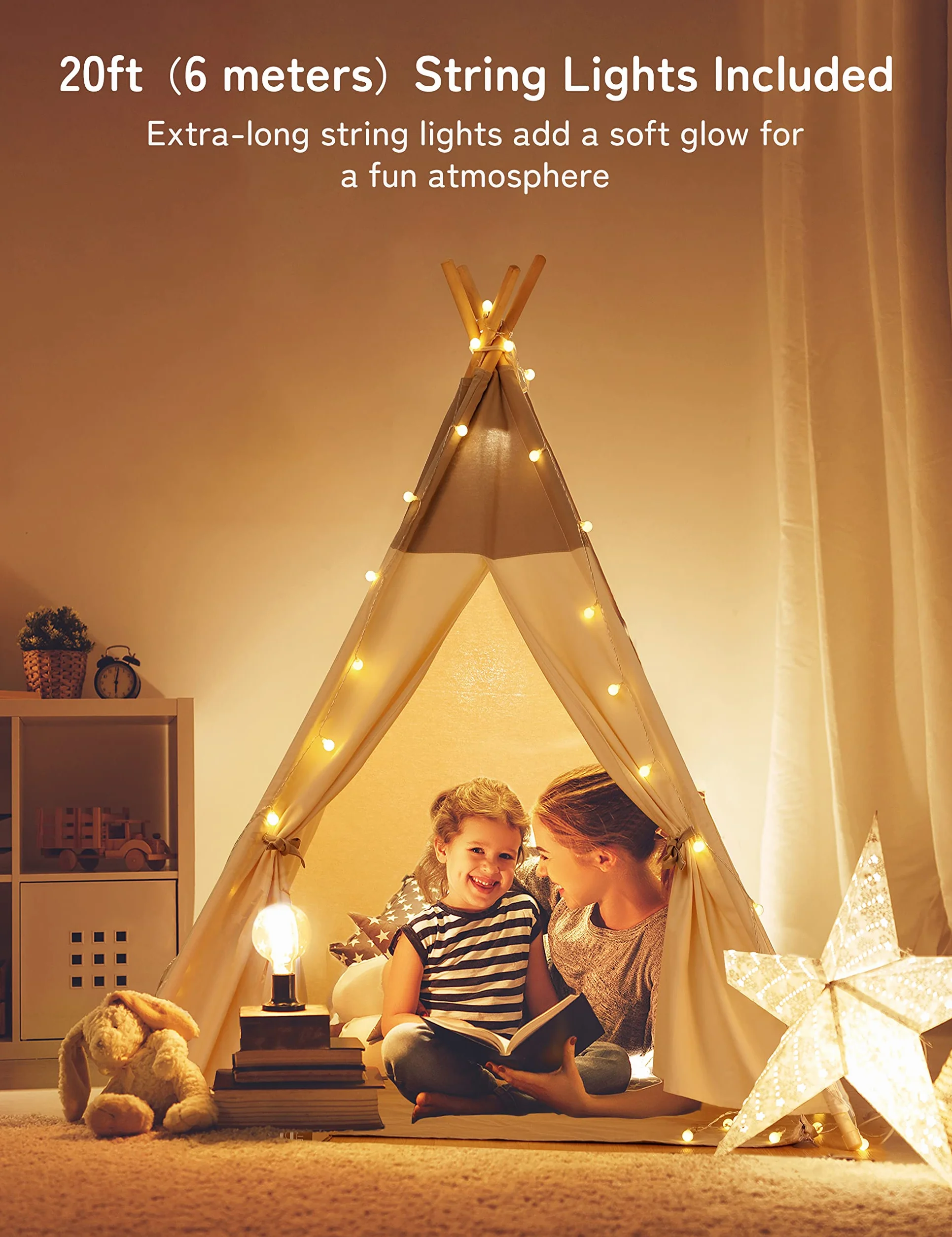 Besrey Tipi Indio para Niños Tienda de Campaña Infantil Canvas Algodón con Alfombra y Luces
