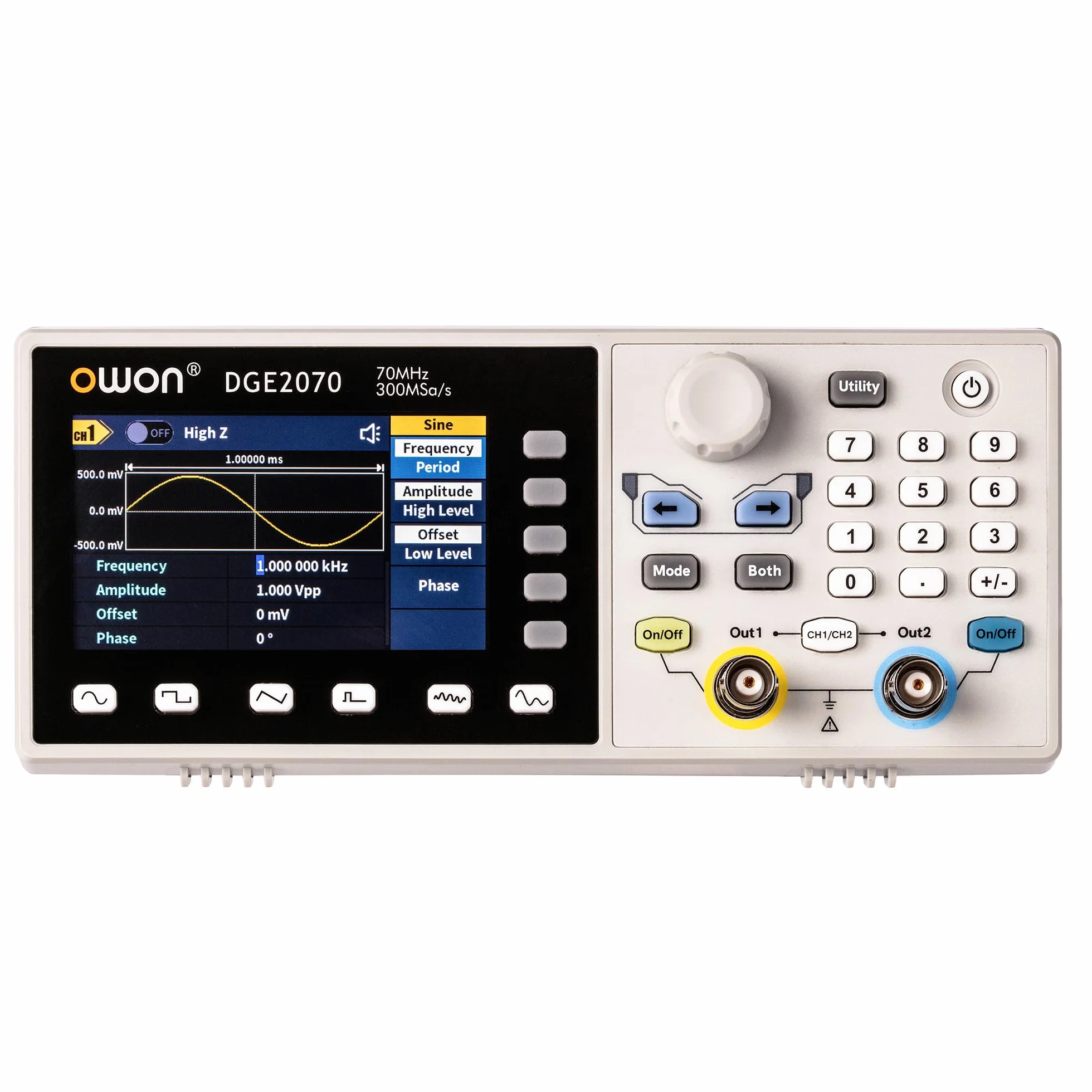 OWON DGE2070 - Generador de funciones de 2 canales para medición, pruebas y desarrollo, 70 MHz, 300 MSa/s, 14 bits, SCPI y control de PC