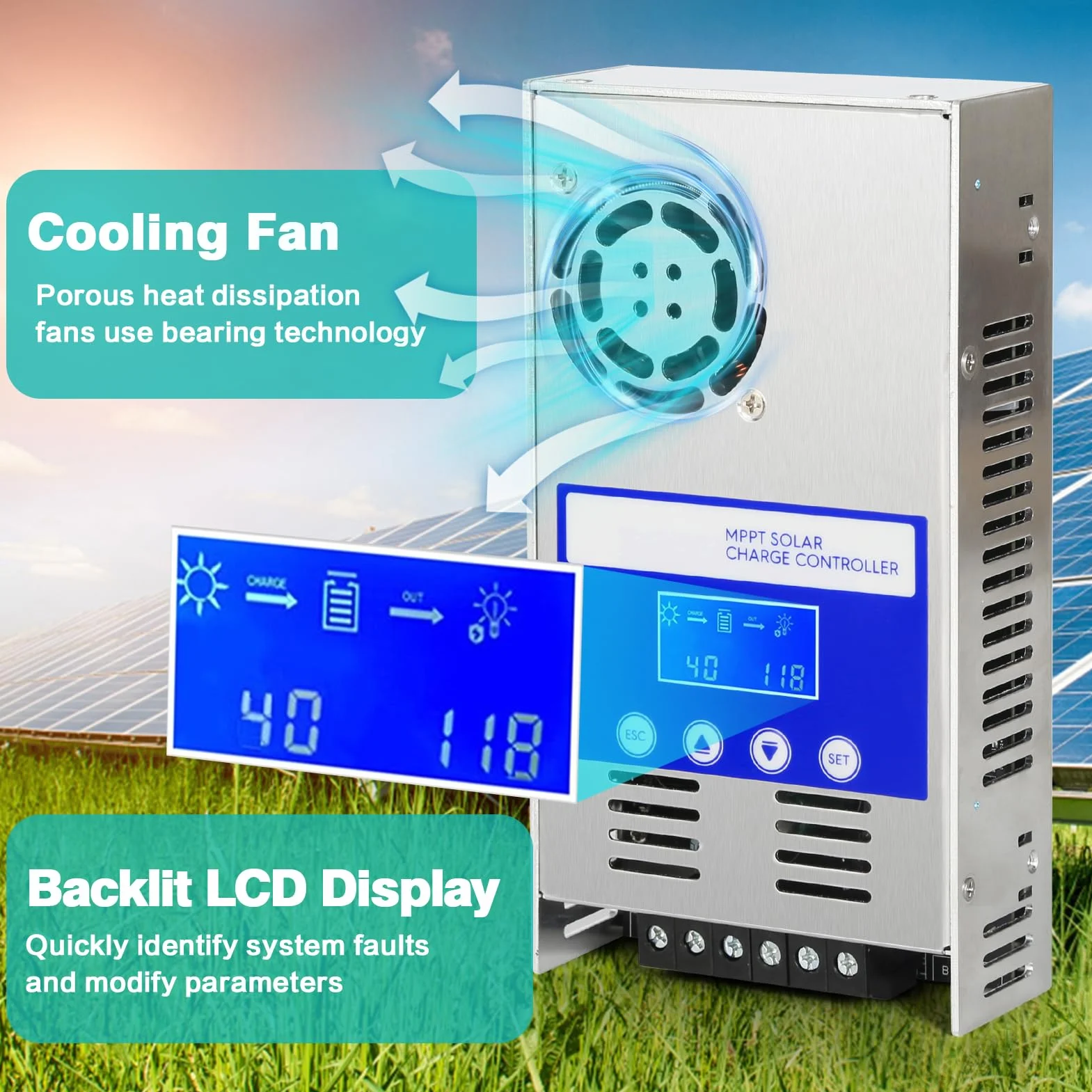 BuyWeek Regulador de carga solar MPPT 60A 12V/24V/36V/48V Controlador de Carga Solar con LCD Identificación automática voltaje Entrada máxima de 180V DC, for baterías de plomo-ácido y litio