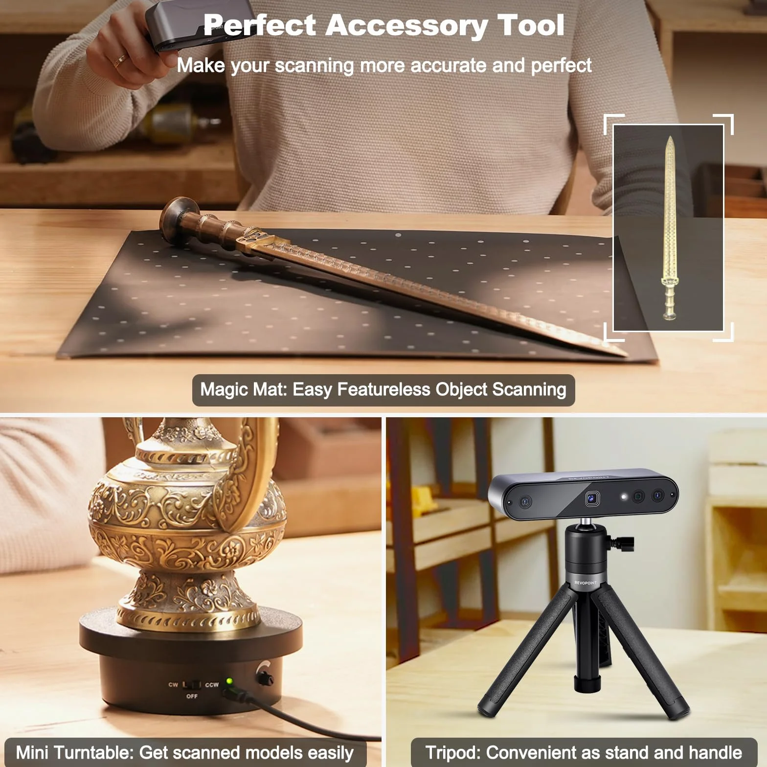 Revopoint Escáner 3D Inspire para impresión 3D, precisión de 0,2 mm, velocidad de escaneo de 18 FPS, modelo 3D portátil, escaneo estable con IMU, escáner 3D de infrarrojos con plato giratorio